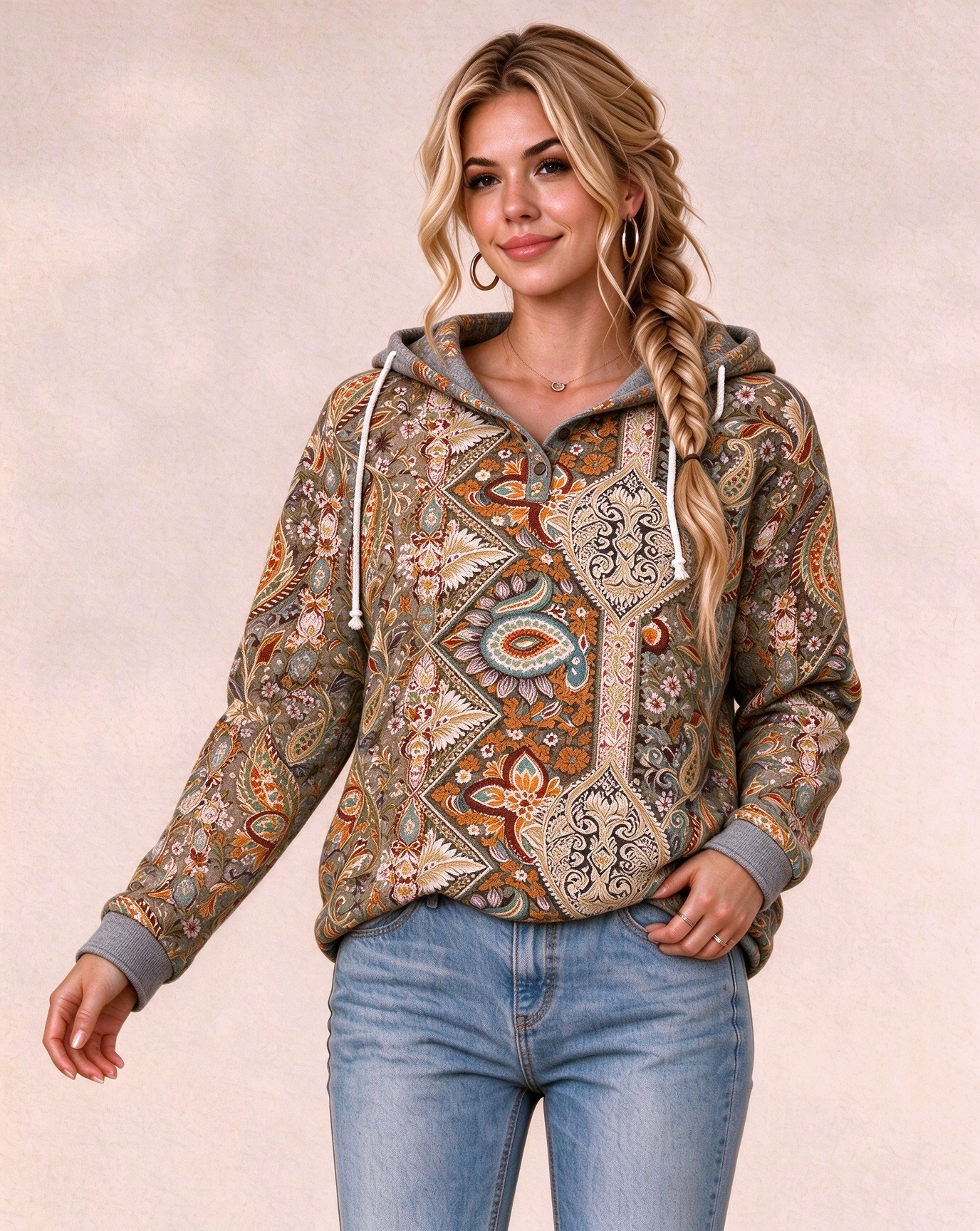 Western Geometric Print Henley Collar Hoodie