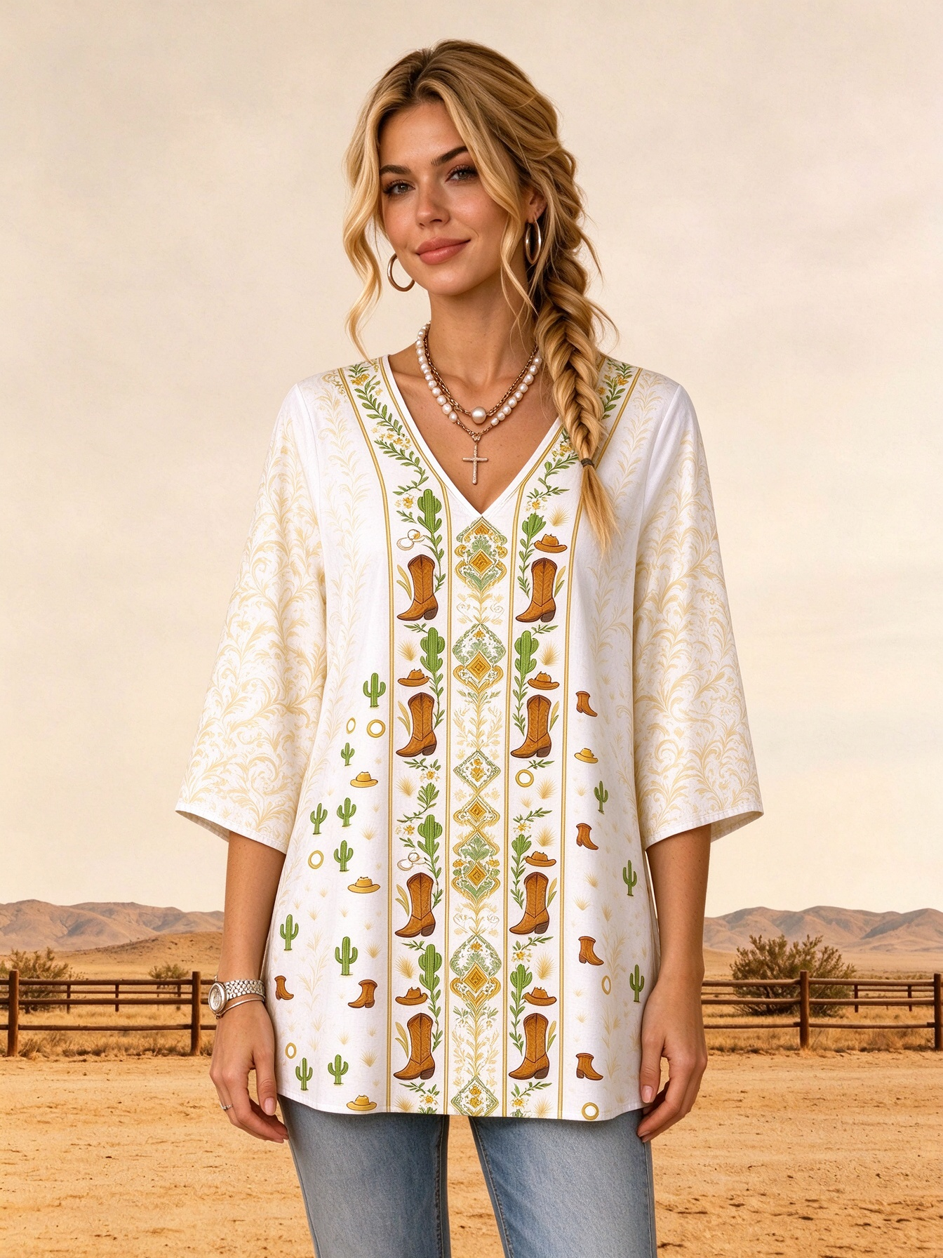 Southwestern Aztec Cowboy Boot Cactus Medallion Fit Tunic Shirt