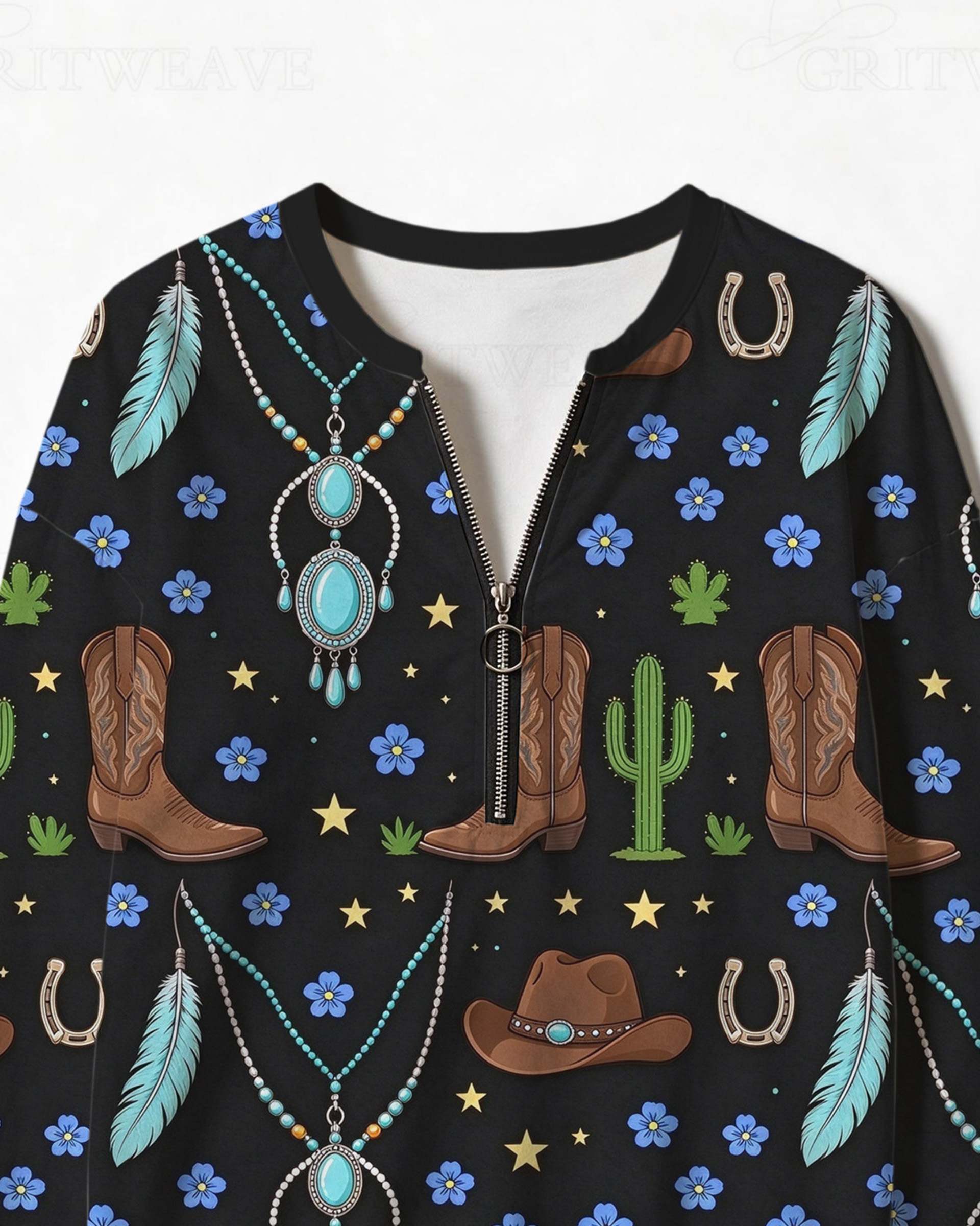 Women’s Boho Western Turquoise Jewelry Print Half Zip Sweatshirt, Cowboy Boot & Feather Graphic Long Sleeve Top