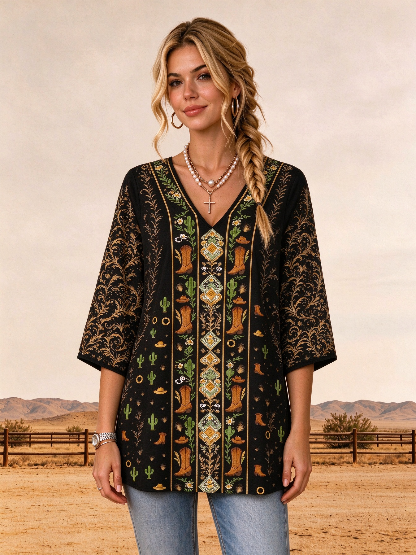 Southwestern Aztec Cowboy Boot Cactus Medallion Fit Tunic Shirt