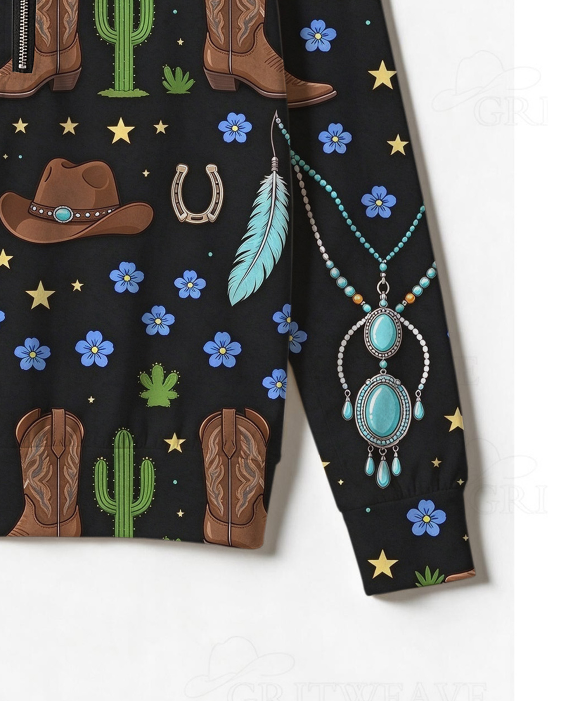 Women’s Boho Western Turquoise Jewelry Print Half Zip Sweatshirt, Cowboy Boot & Feather Graphic Long Sleeve Top