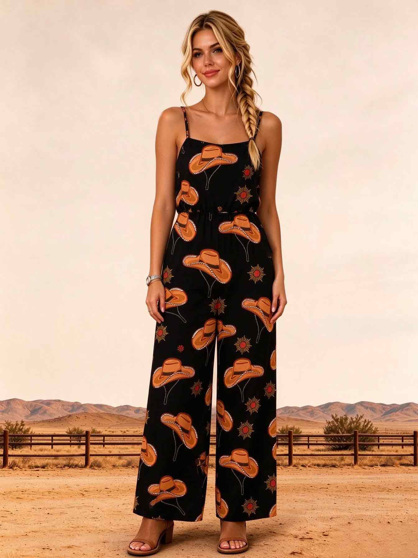 Western Cowboy Hat Sunflower Print  Jumpsuits  with Pockets