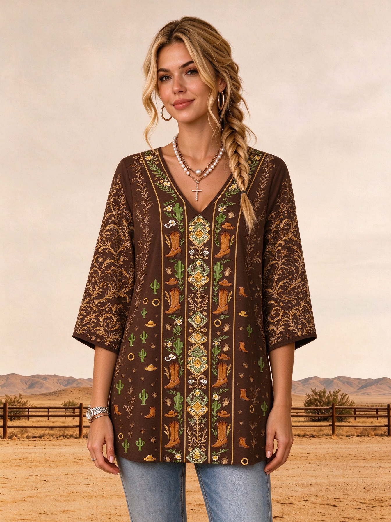 Southwestern Aztec Cowboy Boot Cactus Medallion Fit Tunic Shirt