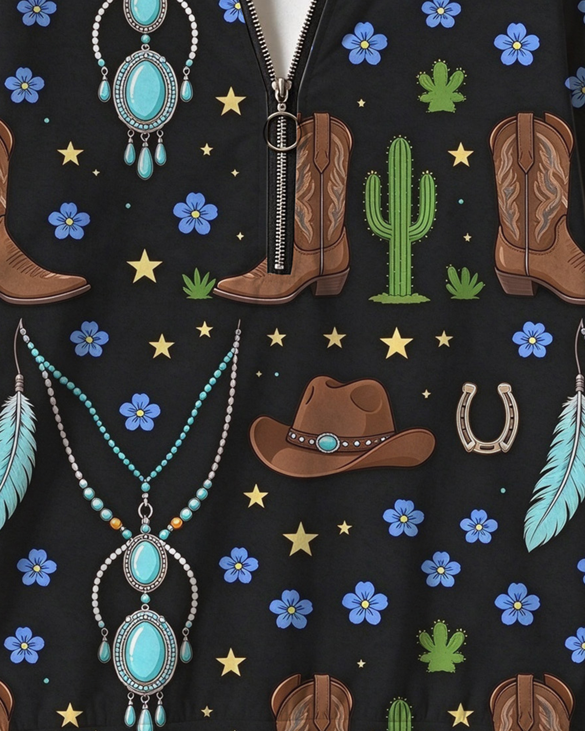 Women’s Boho Western Turquoise Jewelry Print Half Zip Sweatshirt, Cowboy Boot & Feather Graphic Long Sleeve Top