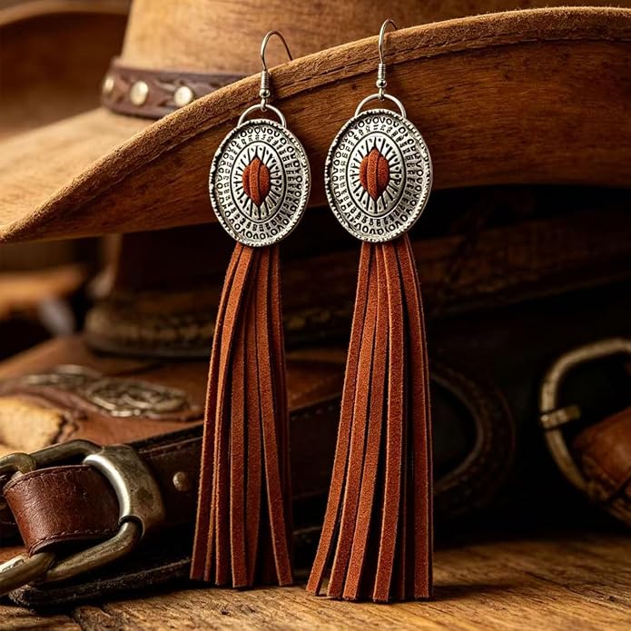 Western Concho Fringe Dangle Earrings