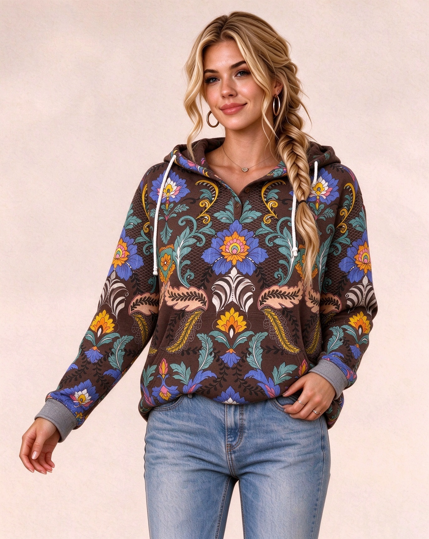 Southwest Tribal Print Henley Collar Hoodie