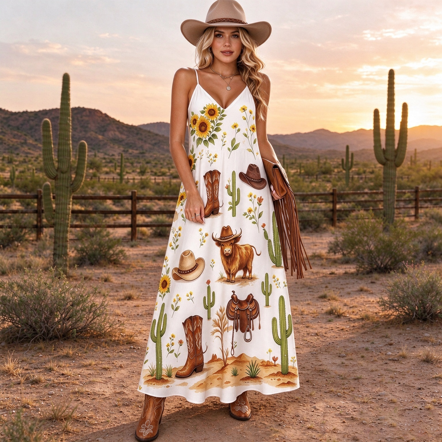 Western Sunflower Ivory Strapless Long Dress