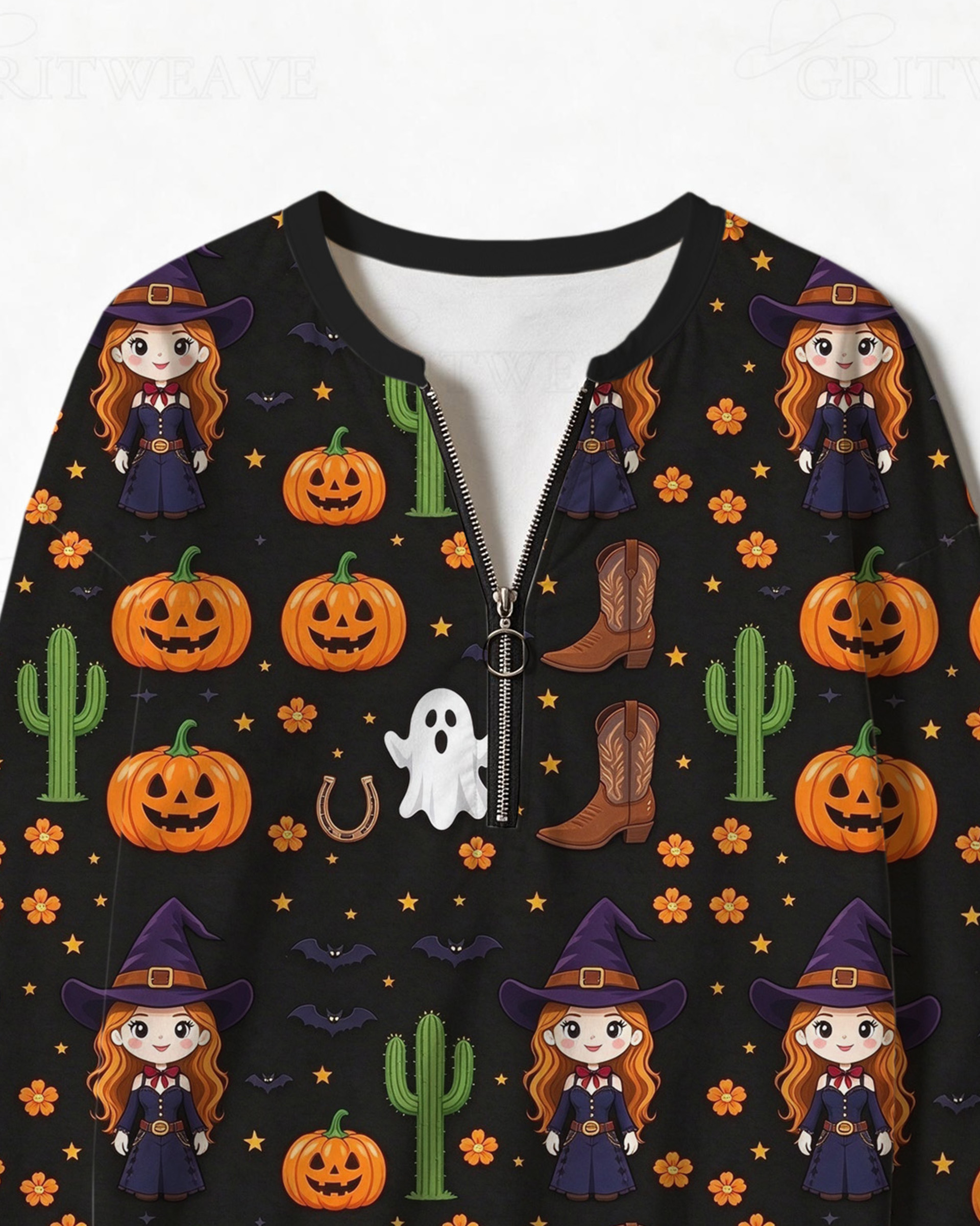 Women’s Western Halloween Witch Pumpkin Print Half Zip Sweatshirt, Cowboy Ghost Cactus Graphic Long Sleeve Top