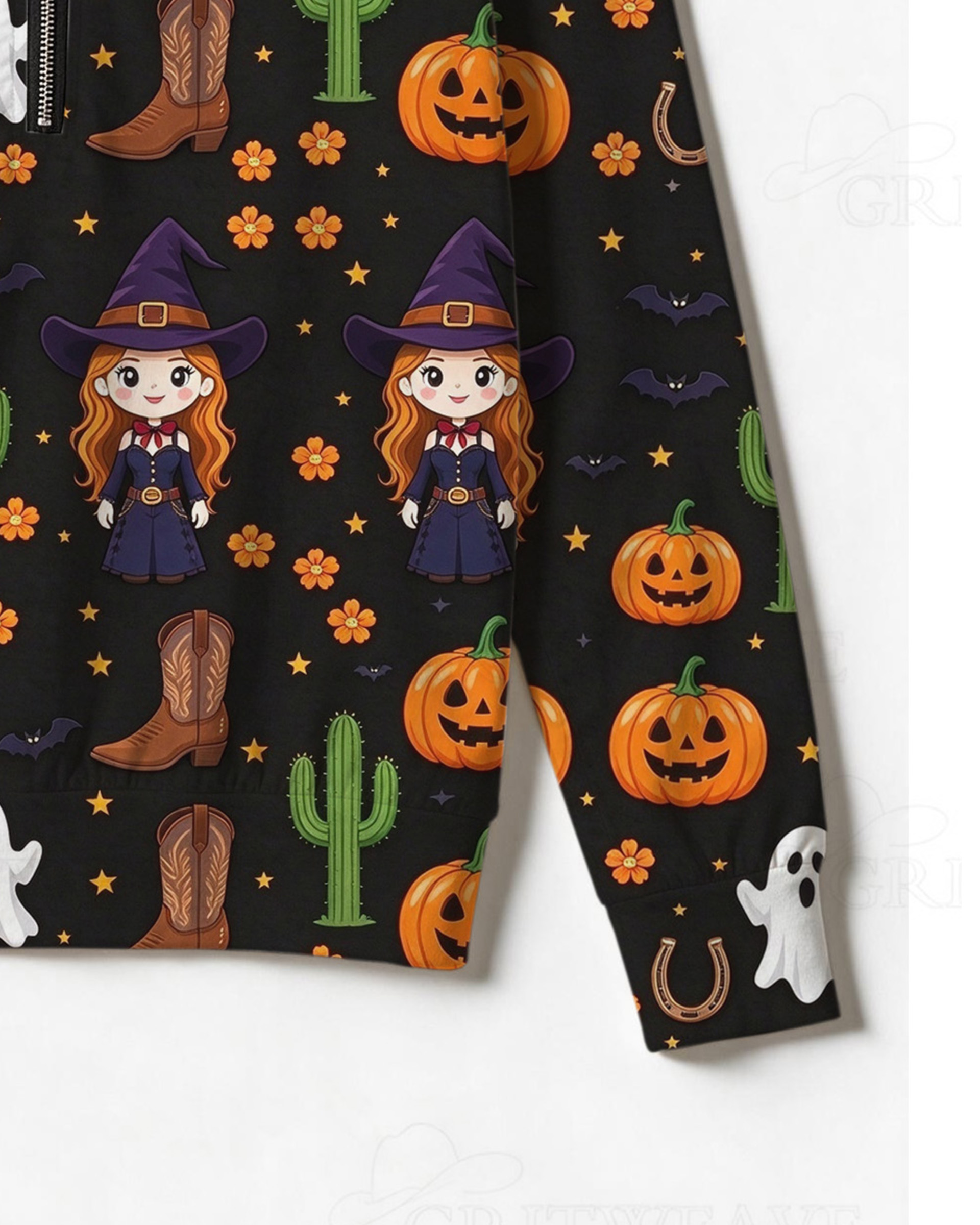 Women’s Western Halloween Witch Pumpkin Print Half Zip Sweatshirt, Cowboy Ghost Cactus Graphic Long Sleeve Top
