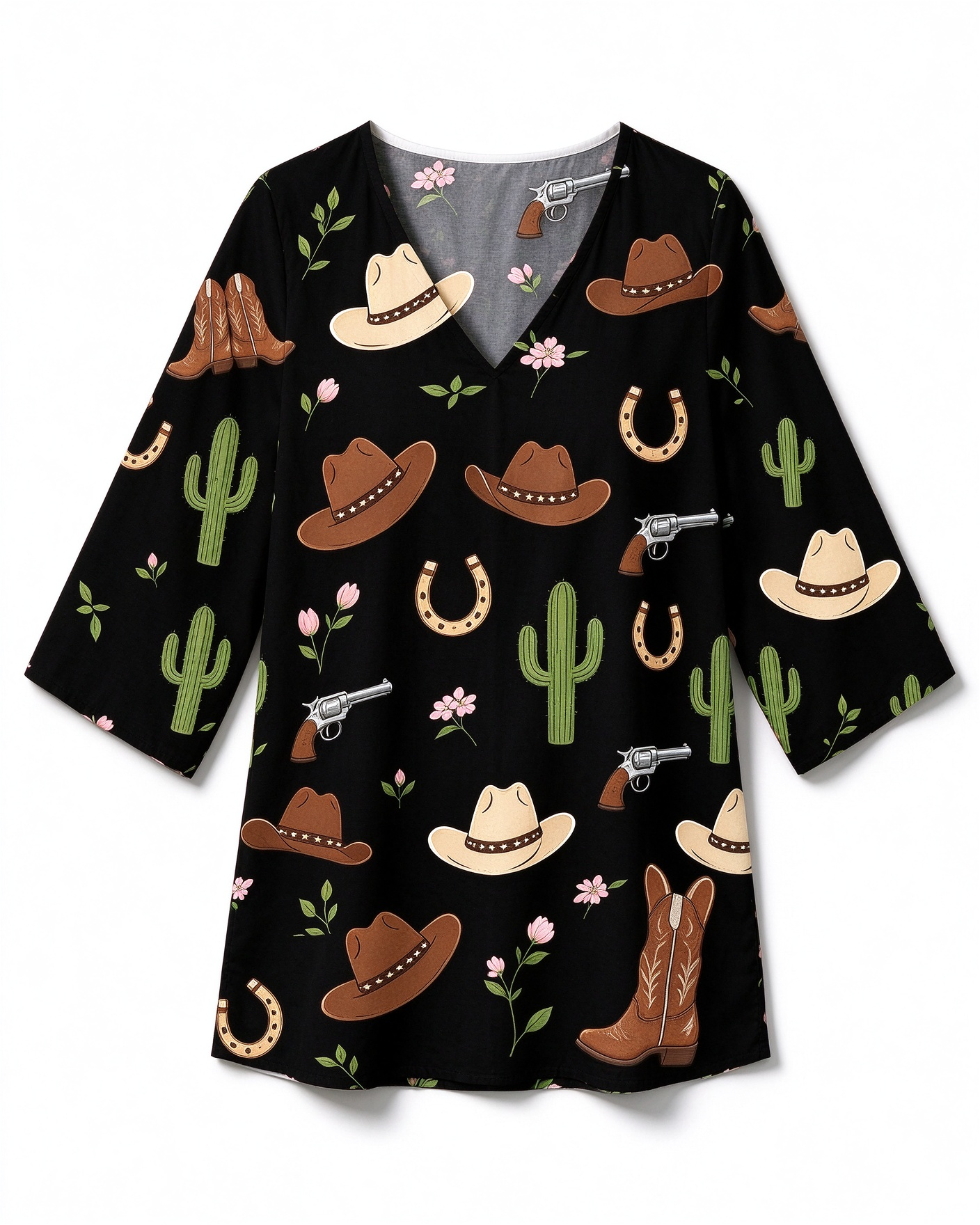 Western Cowboy Hat Boot Horseshoe Cactus Motif V Neck Loose Fit Tunic Shirt