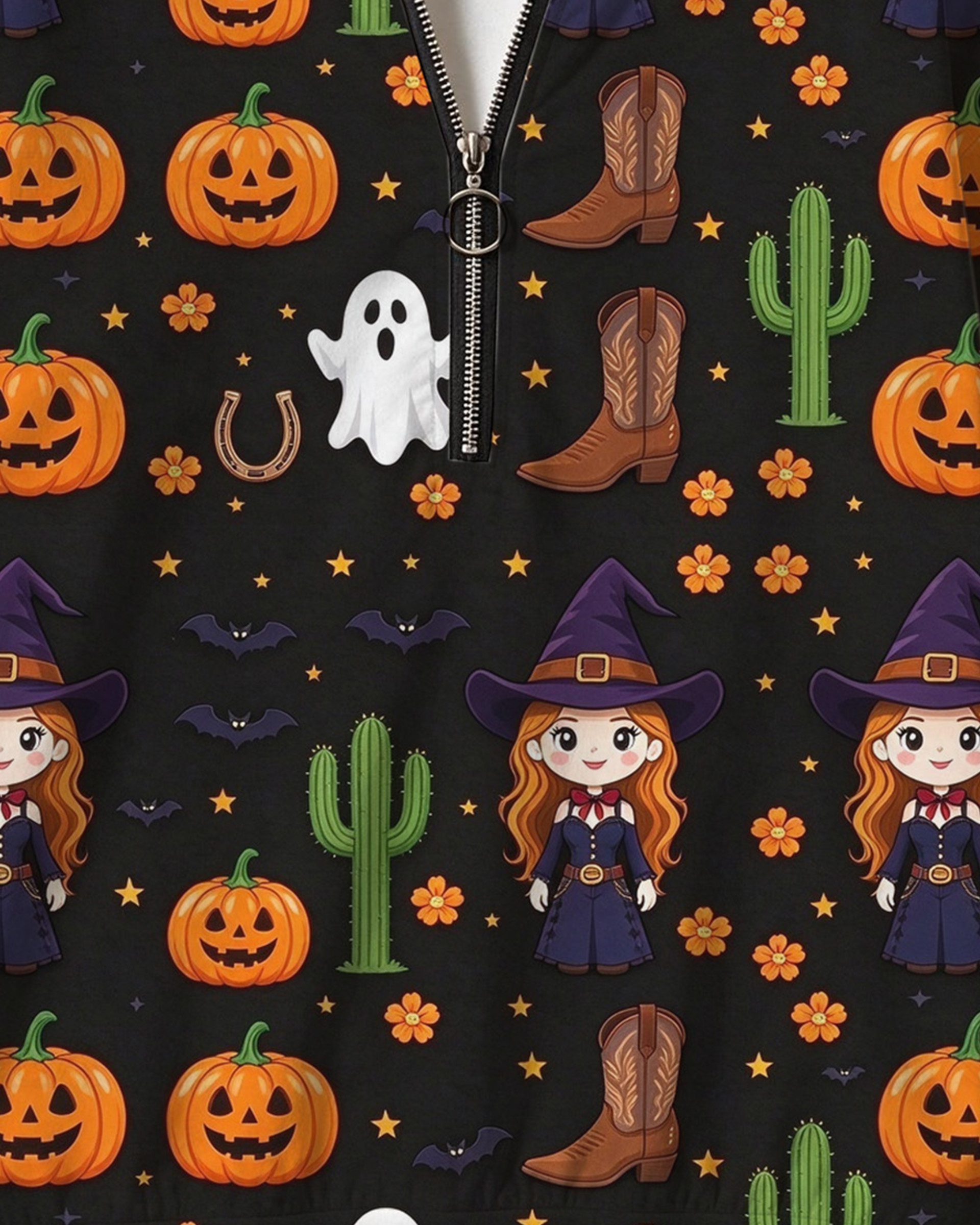 Women’s Western Halloween Witch Pumpkin Print Half Zip Sweatshirt, Cowboy Ghost Cactus Graphic Long Sleeve Top
