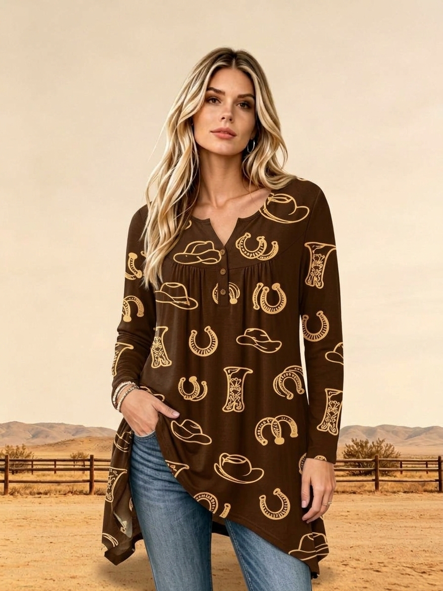 Loose Fit Horseshoe Cowboy Boot Print Tunic Shirt Long Sleeve