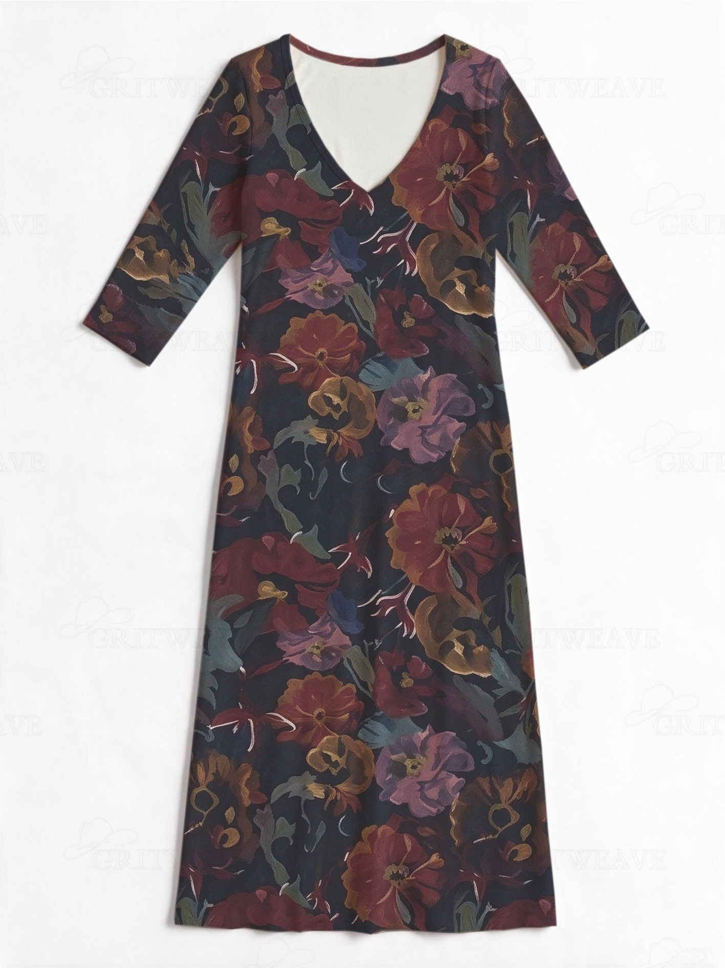 Autumn Flowers on a Dark Background Western V-Neck Printed Dress | Allover Print