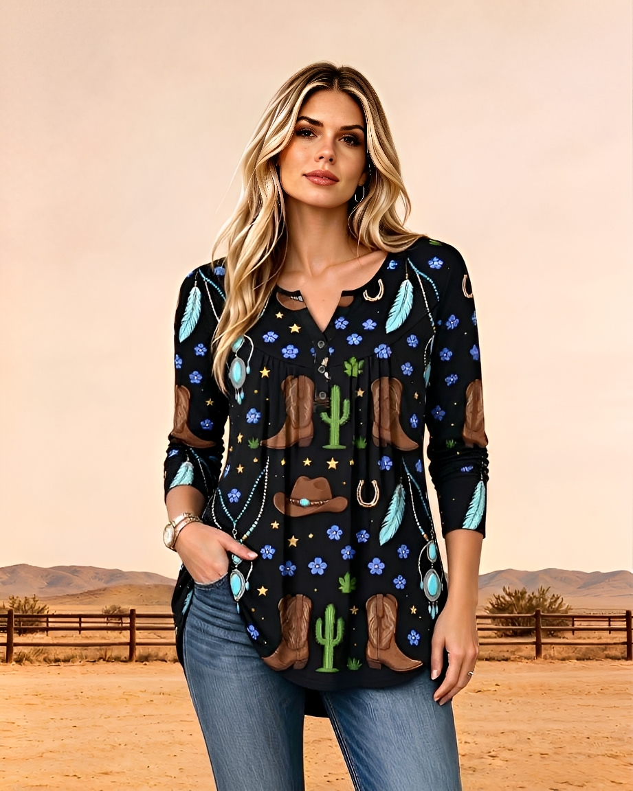 Western cowboy boot feather pattern Henley collar long-sleeved women's shirt