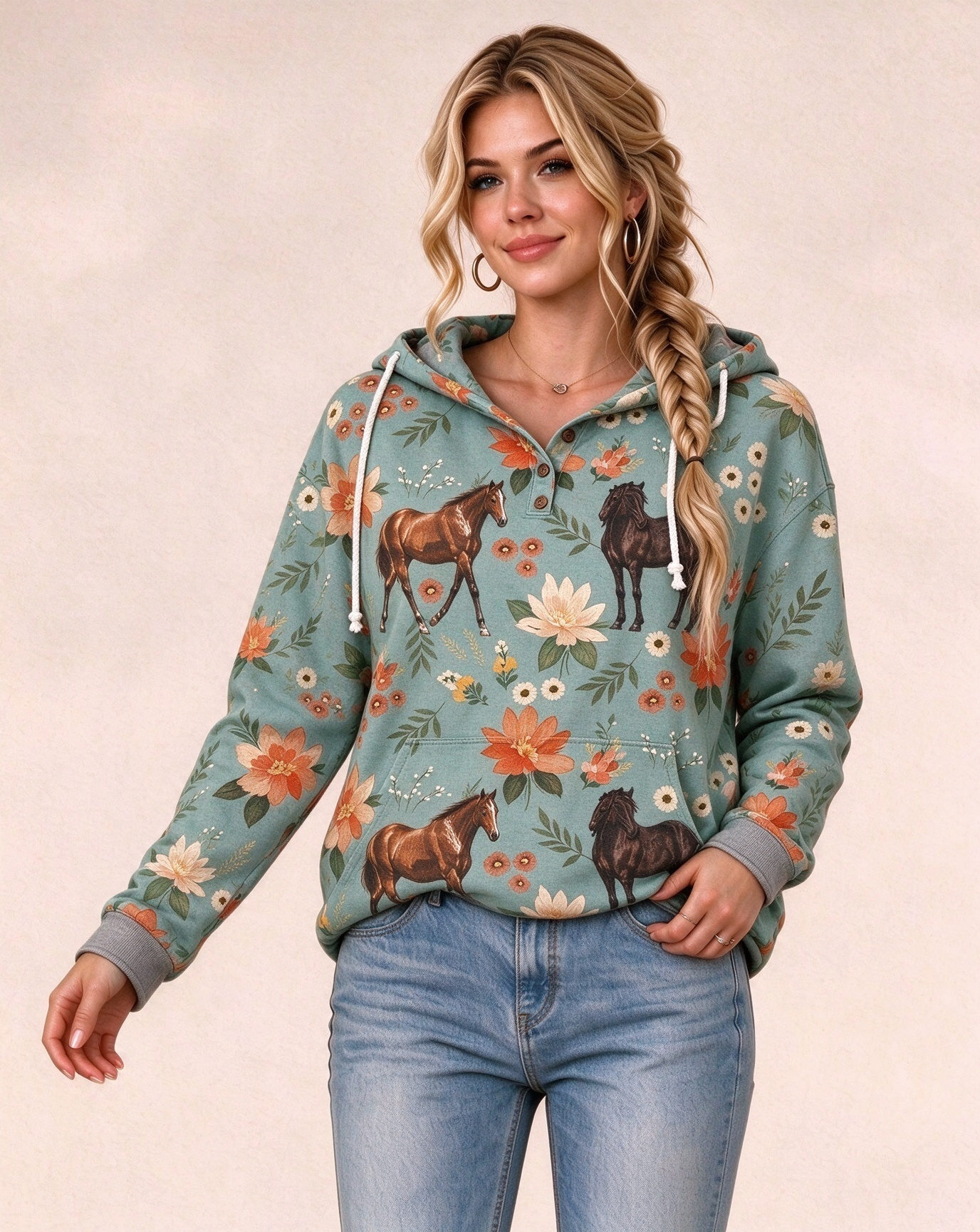 Western Retro Floral Horse Print Long-Sleeve Hooded Sweatshirt