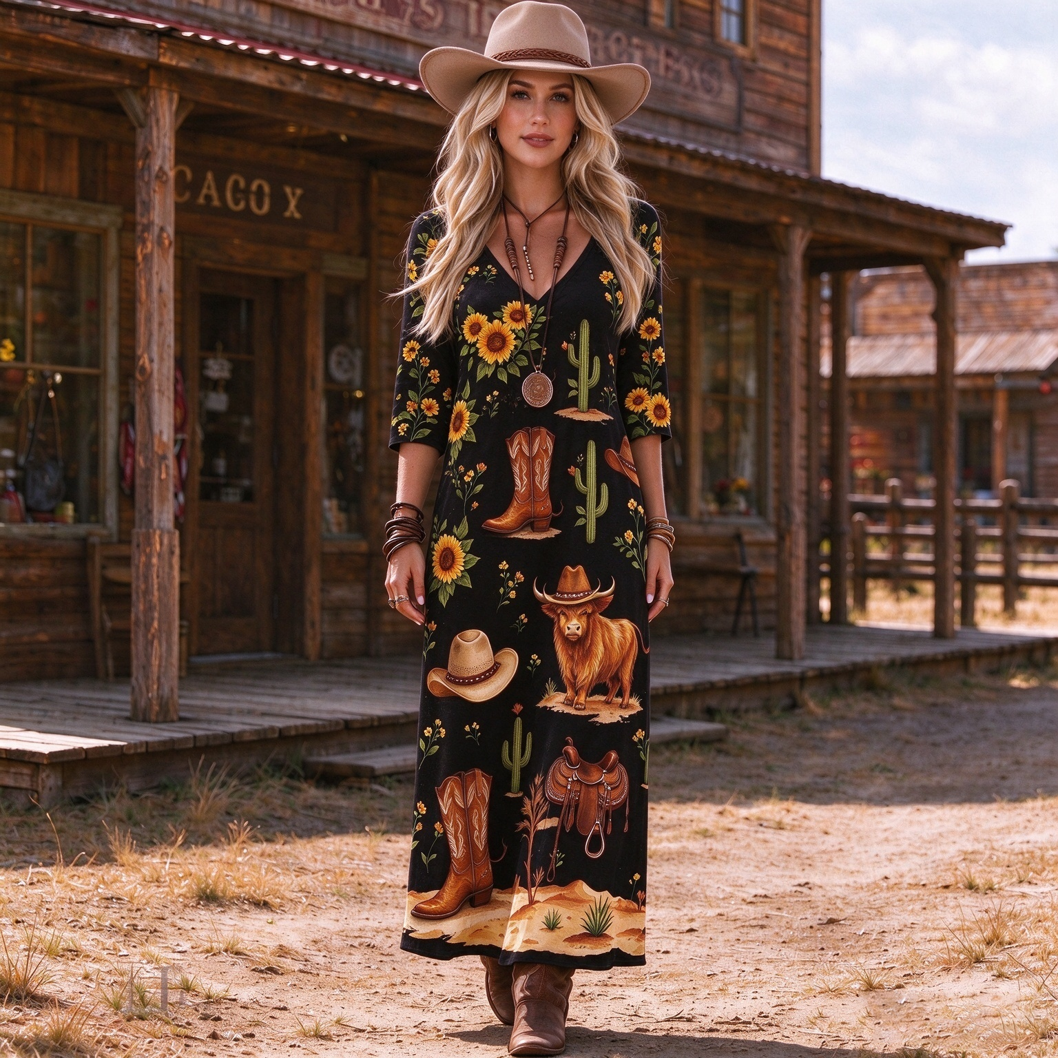 Western Sunflower Black Three-Quarter Sleeve Dress