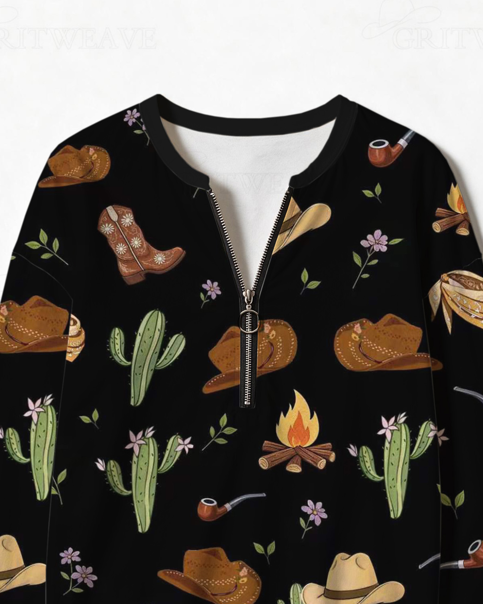 Western Campfire Cowboy Hat Print Half Zip Sweatshirt, Cowboy Boot Cactus Graphic Long Sleeve Top