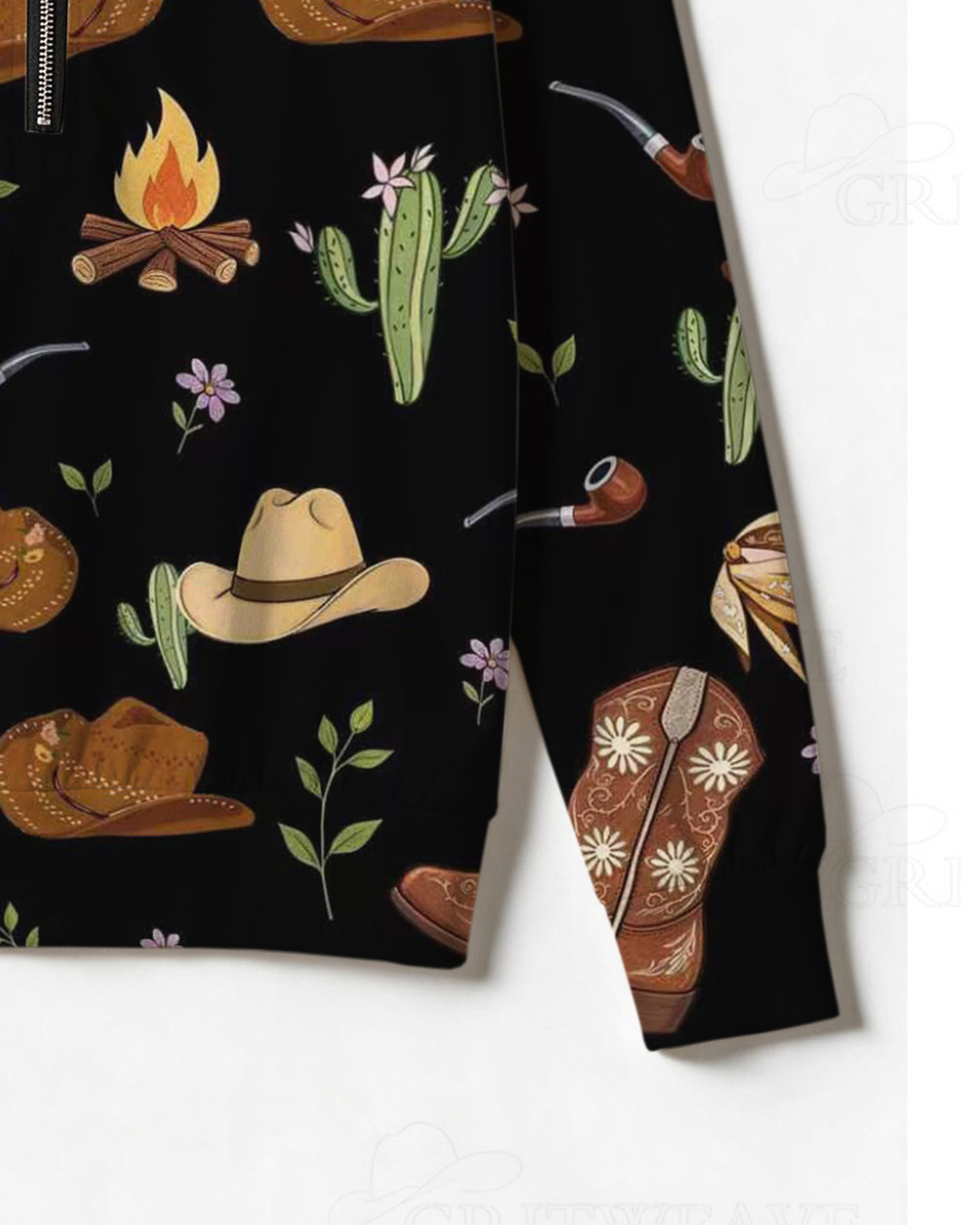 Western Campfire Cowboy Hat Print Half Zip Sweatshirt, Cowboy Boot Cactus Graphic Long Sleeve Top