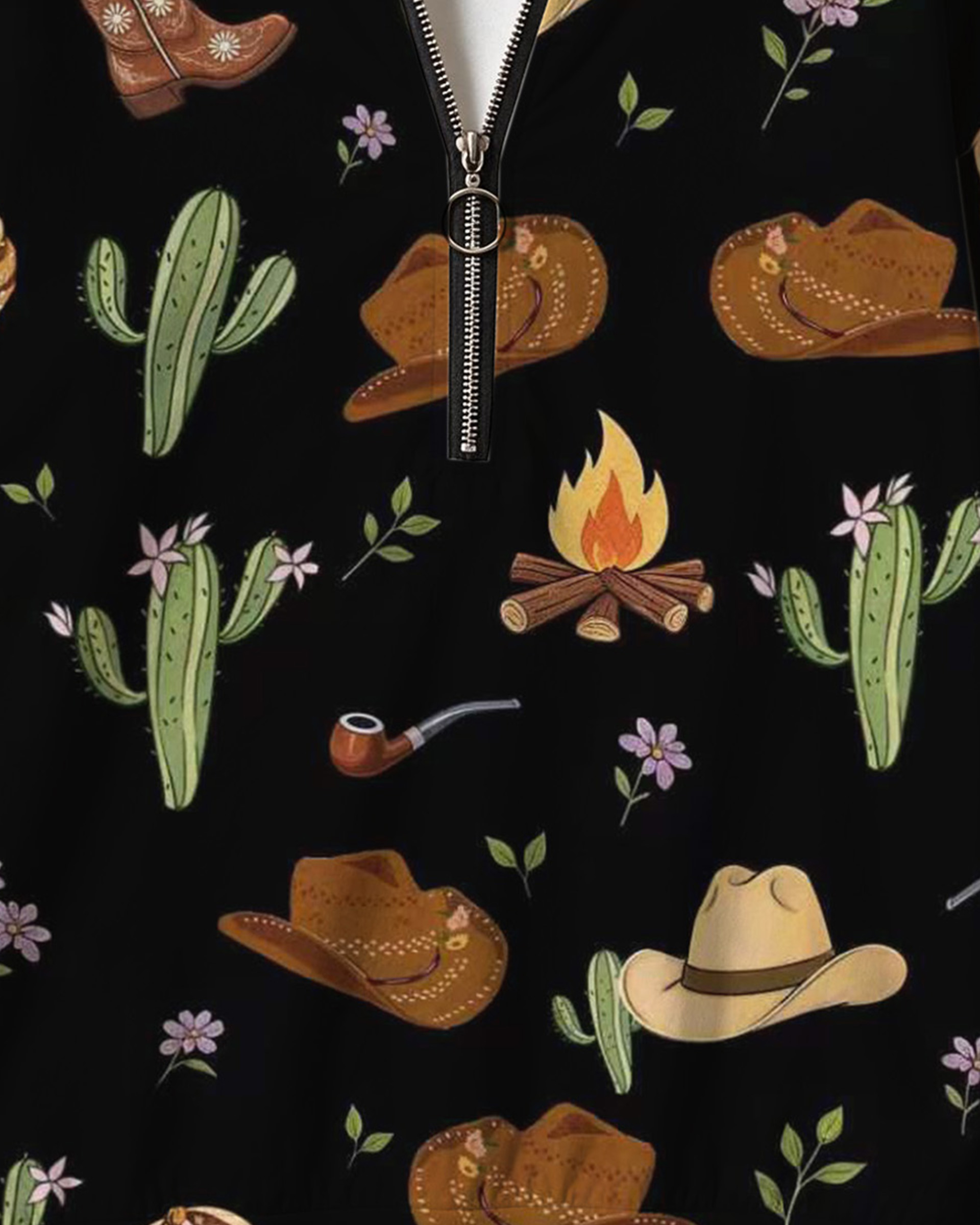 Western Campfire Cowboy Hat Print Half Zip Sweatshirt, Cowboy Boot Cactus Graphic Long Sleeve Top