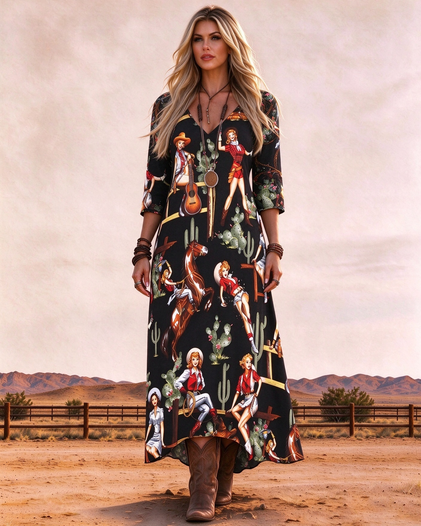 Western retro poster featuring a cowgirl in a long dress with a horse pattern.
