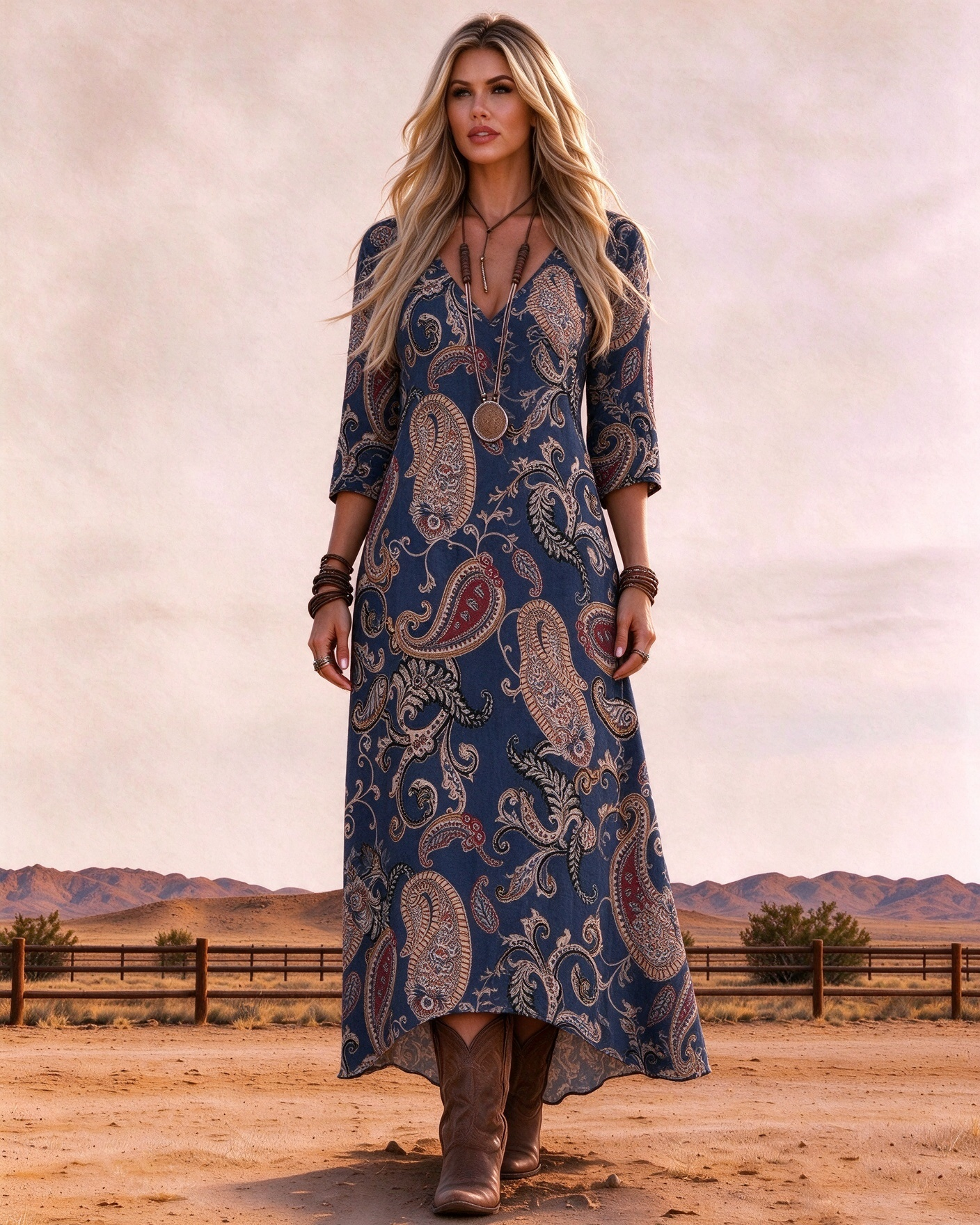 Western Retro Paisley Floral Pattern Long Dress