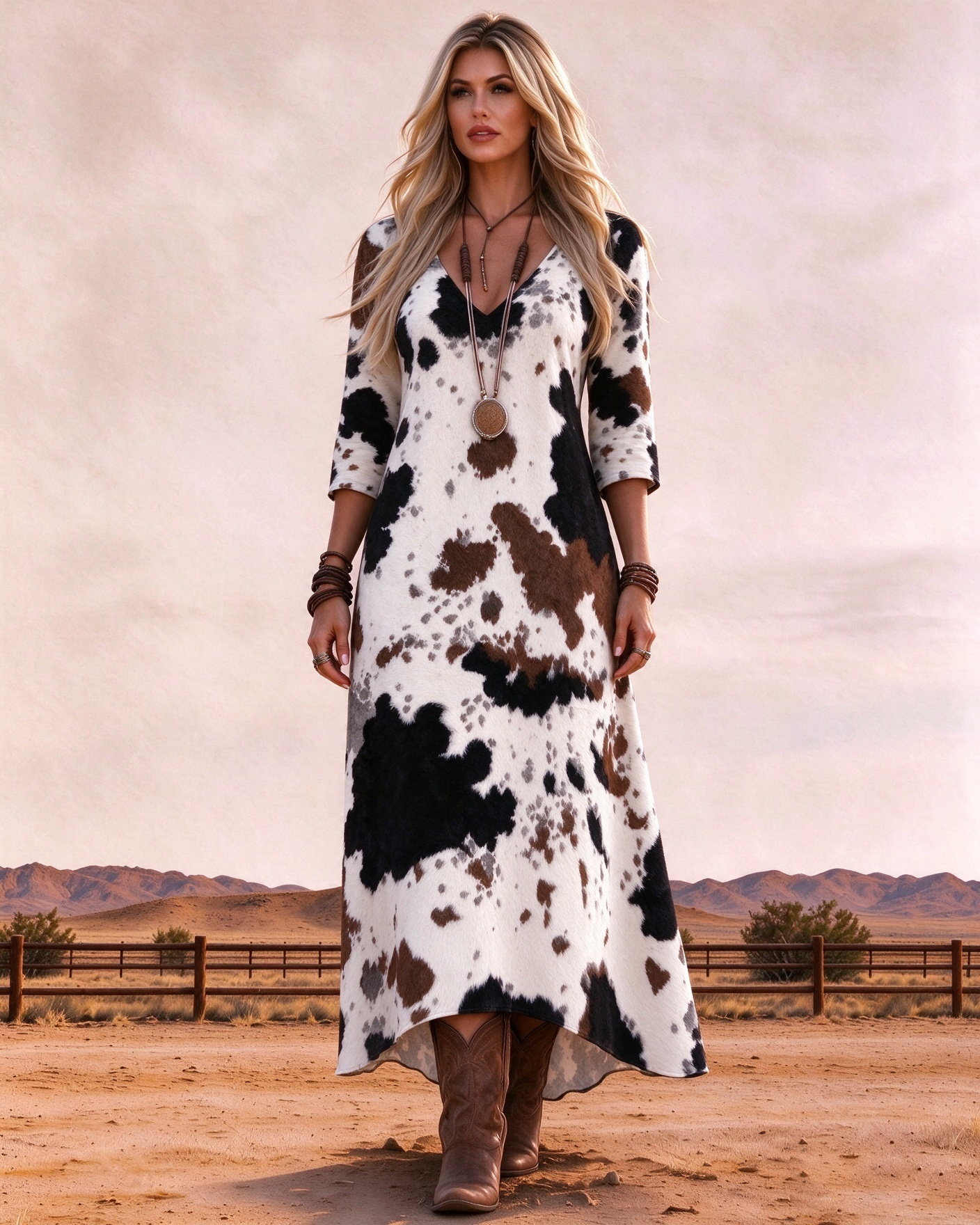 Western-style cow-spot print V-neck long dress