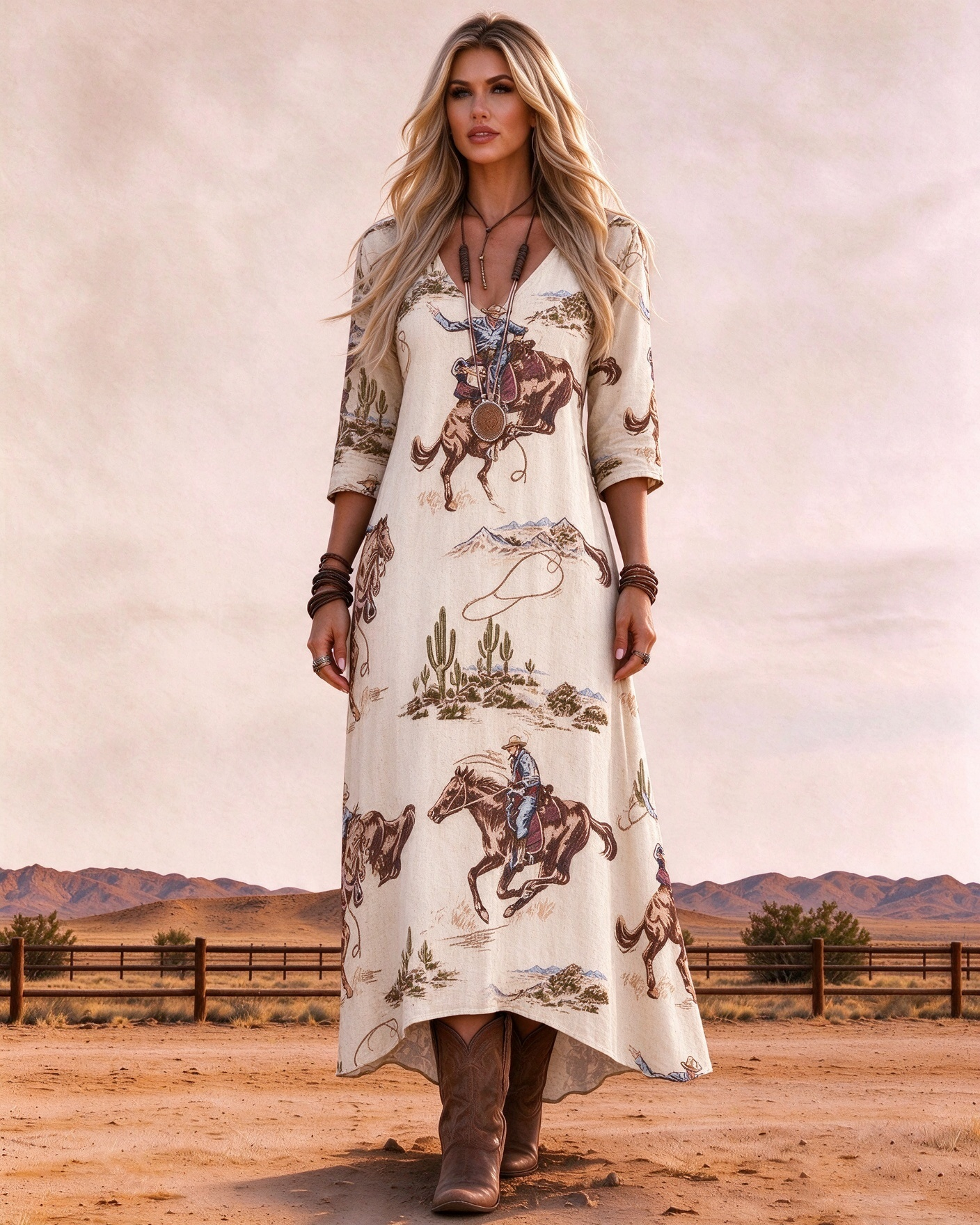 Retro Western cowboy riding desert scenery V-neck high-low hem long dress