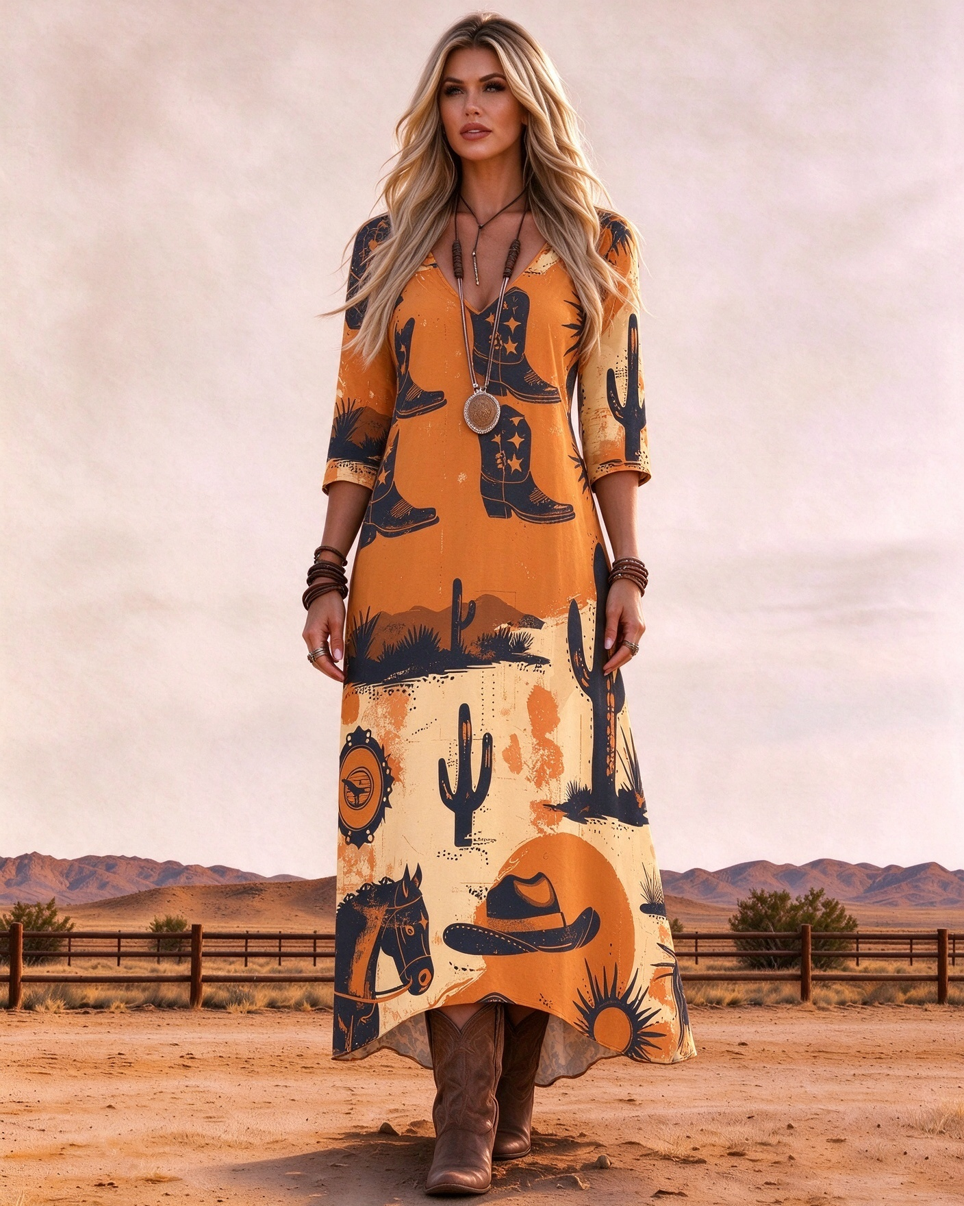 Western desert cactus cowboy boots and hat print V-neck long dress