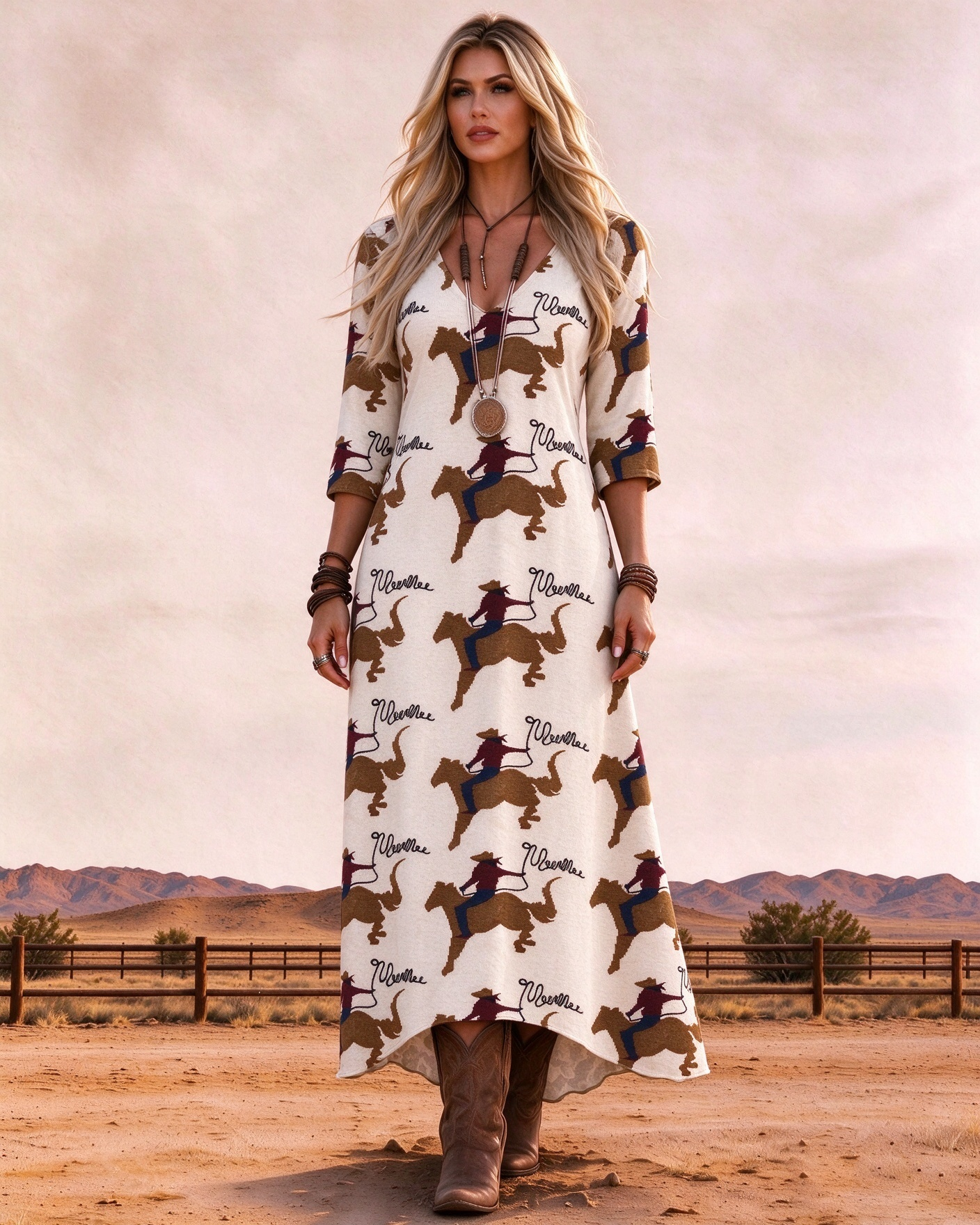 Women's Western Cowboy Pattern V-neck Long Dress