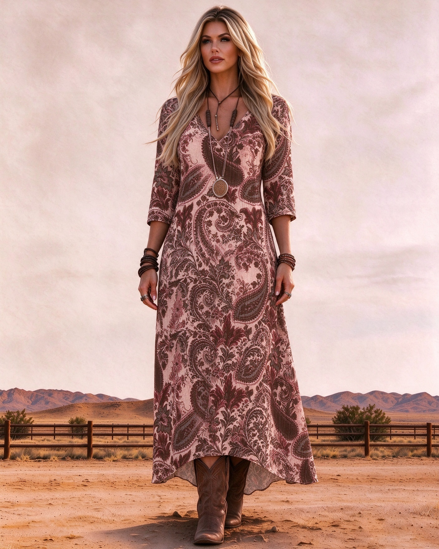 Western Retro Paisley Floral Print Long Dress