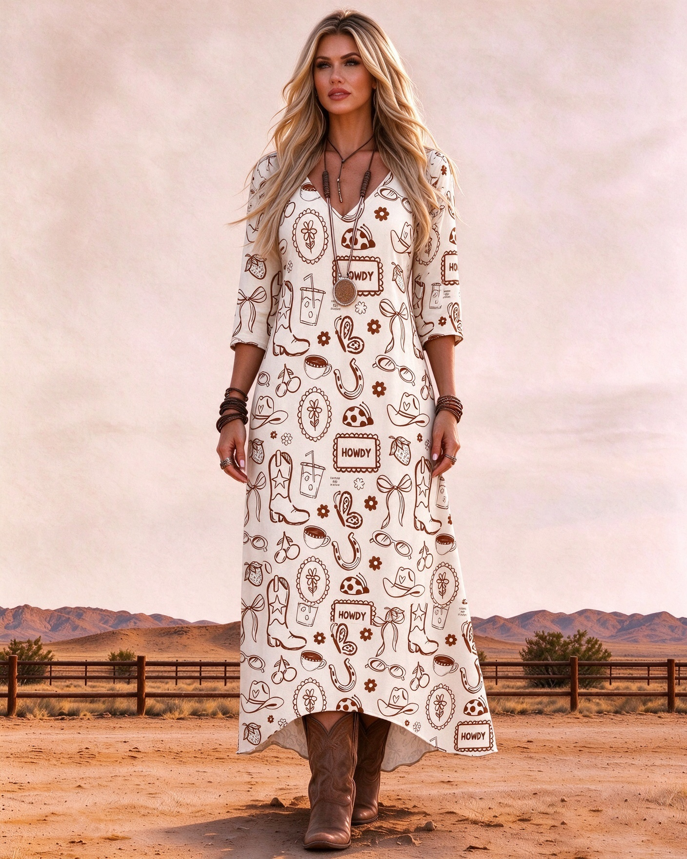Western Howdy hand-painted graffiti pattern V-neck long dress