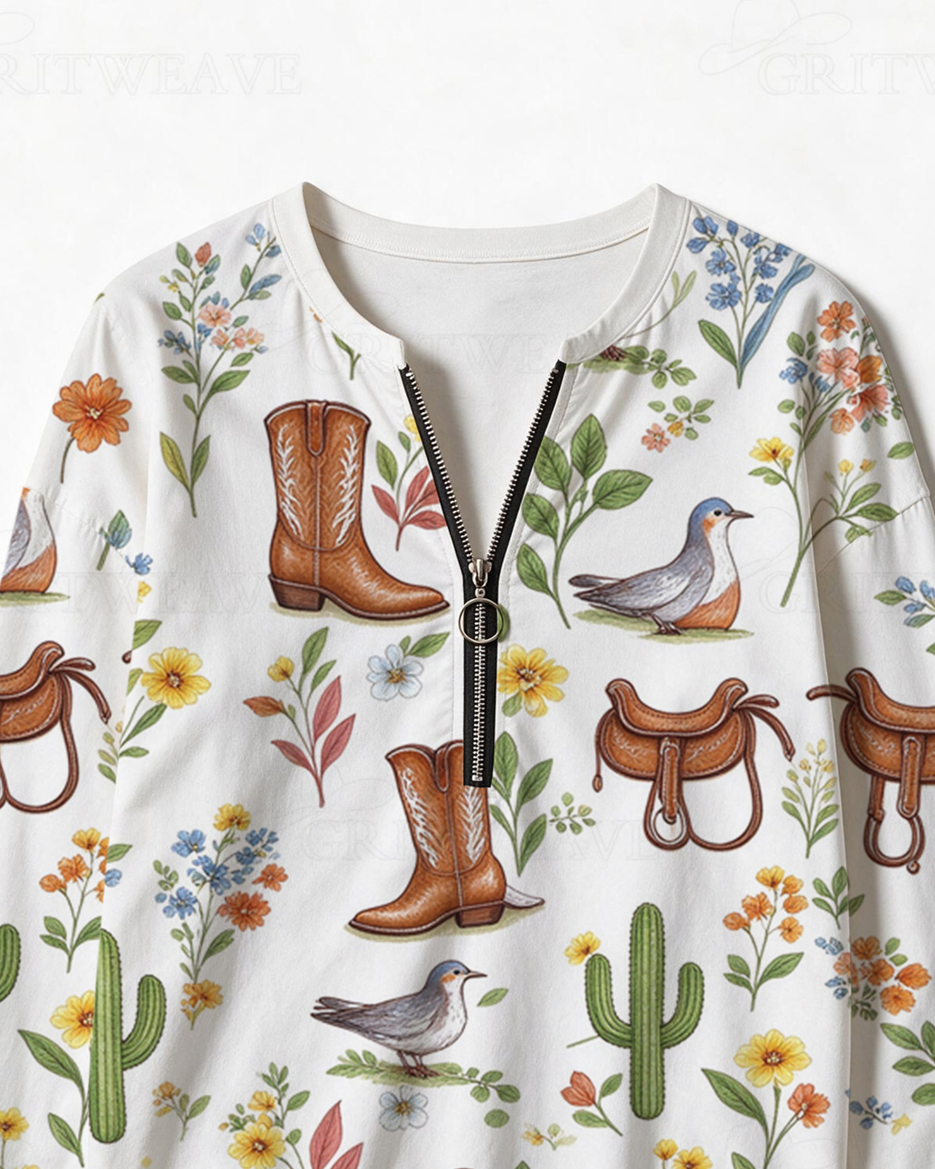 Western Wildflower Bird Print Half Zip Sweatshirt, Cowboy Boot Saddle Cactus Graphic Long Sleeve Top