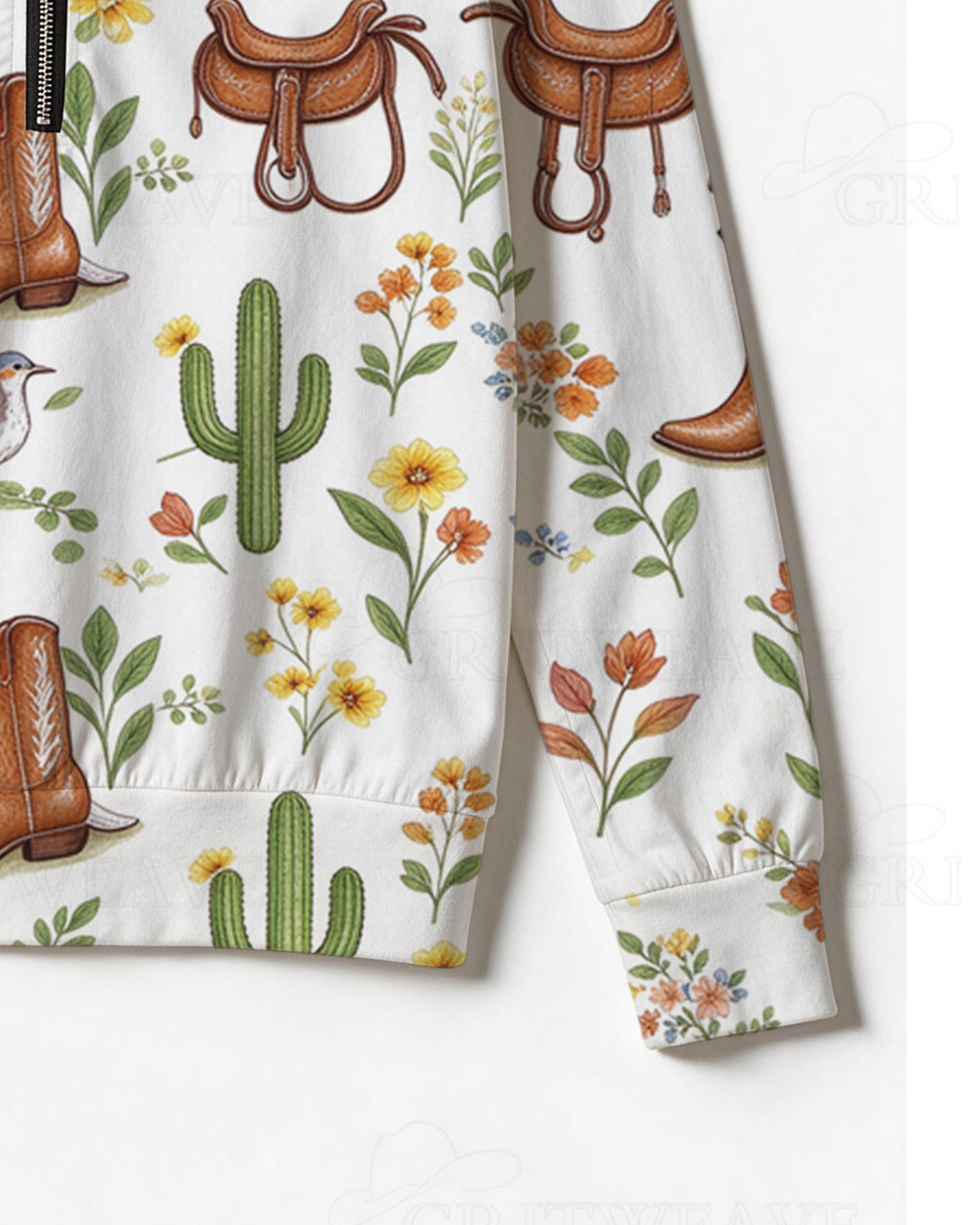 Western Wildflower Bird Print Half Zip Sweatshirt, Cowboy Boot Saddle Cactus Graphic Long Sleeve Top