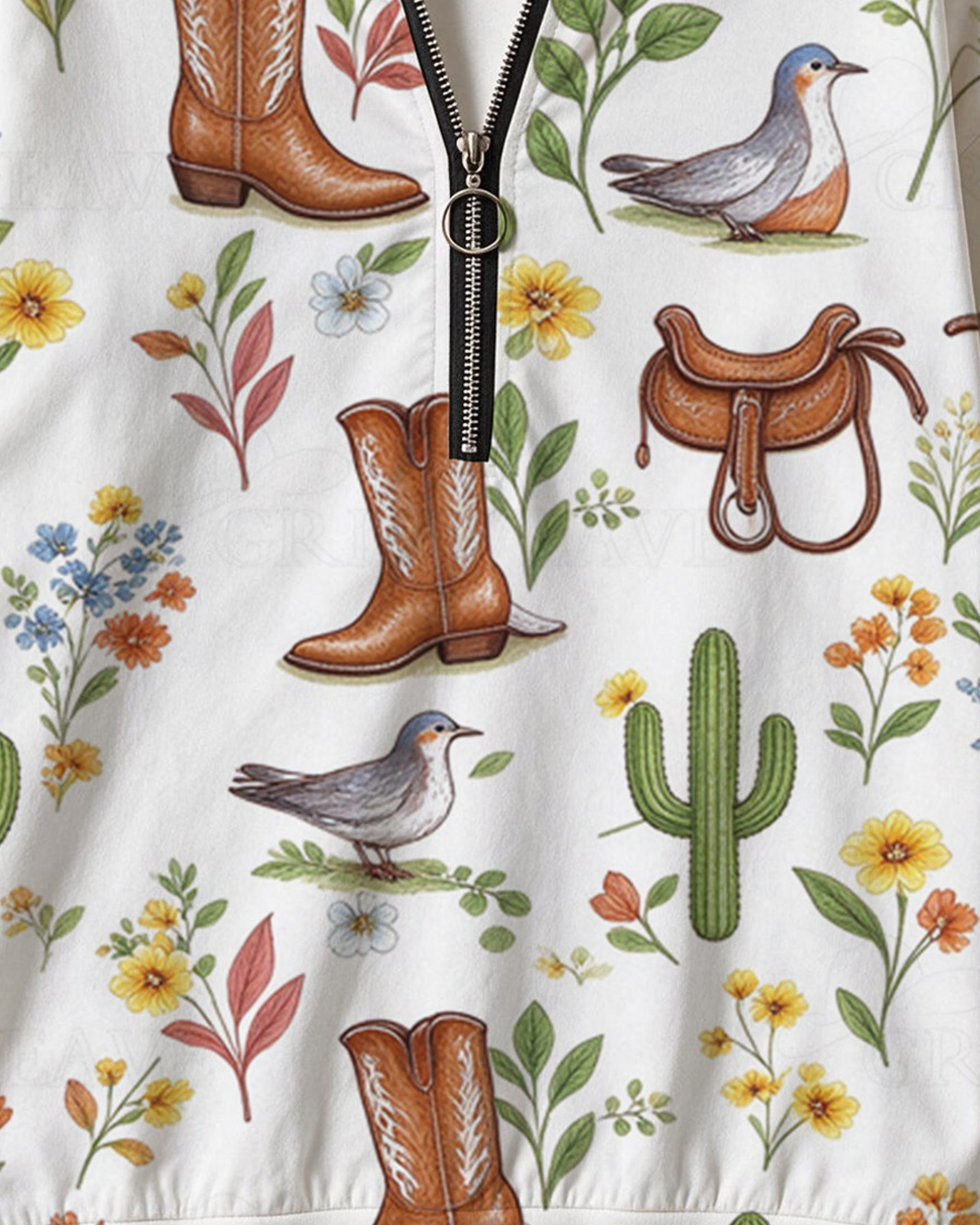 Western Wildflower Bird Print Half Zip Sweatshirt, Cowboy Boot Saddle Cactus Graphic Long Sleeve Top