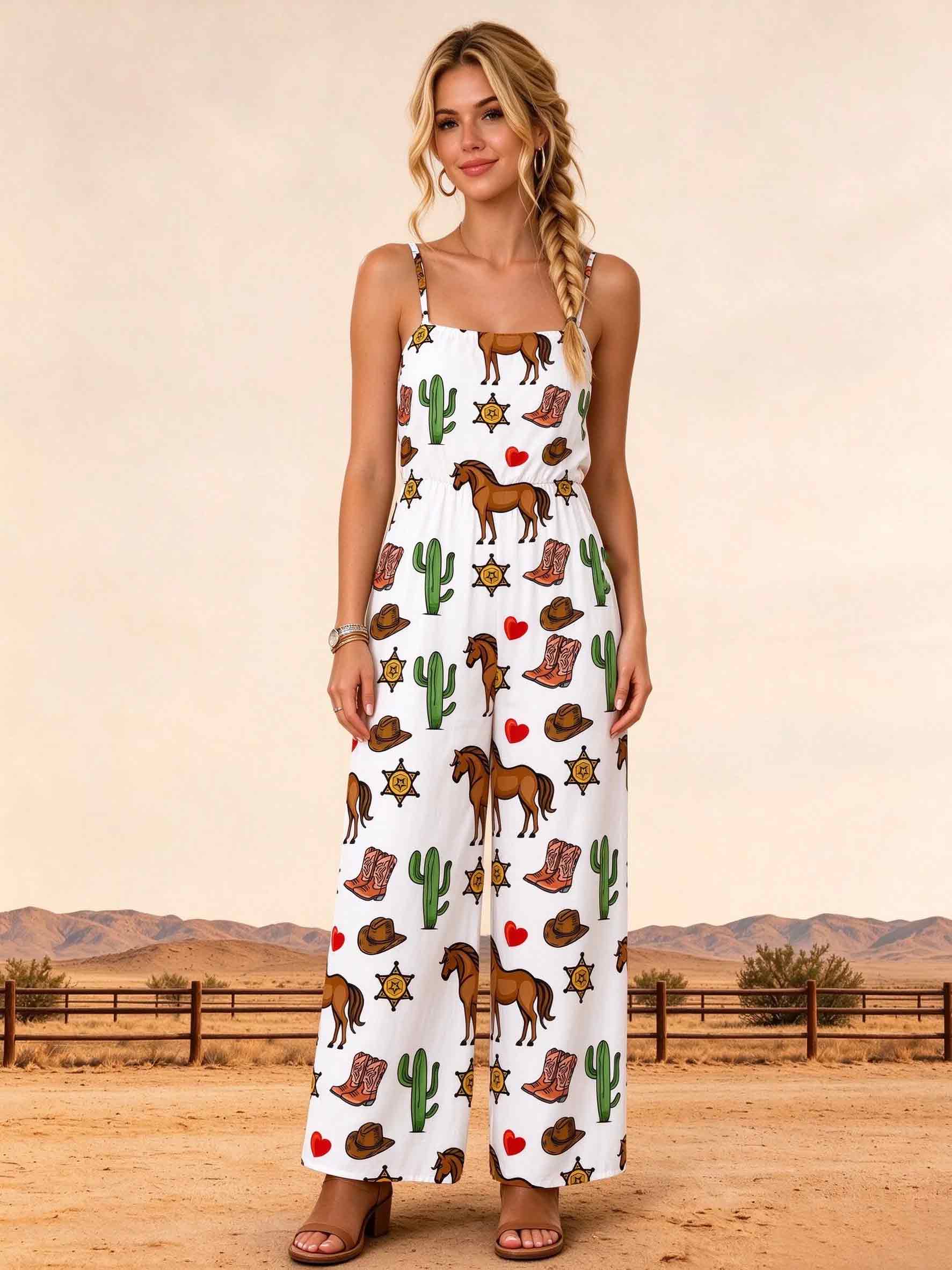 Western Horse Cactus Print Jumpsuits  with Pockets