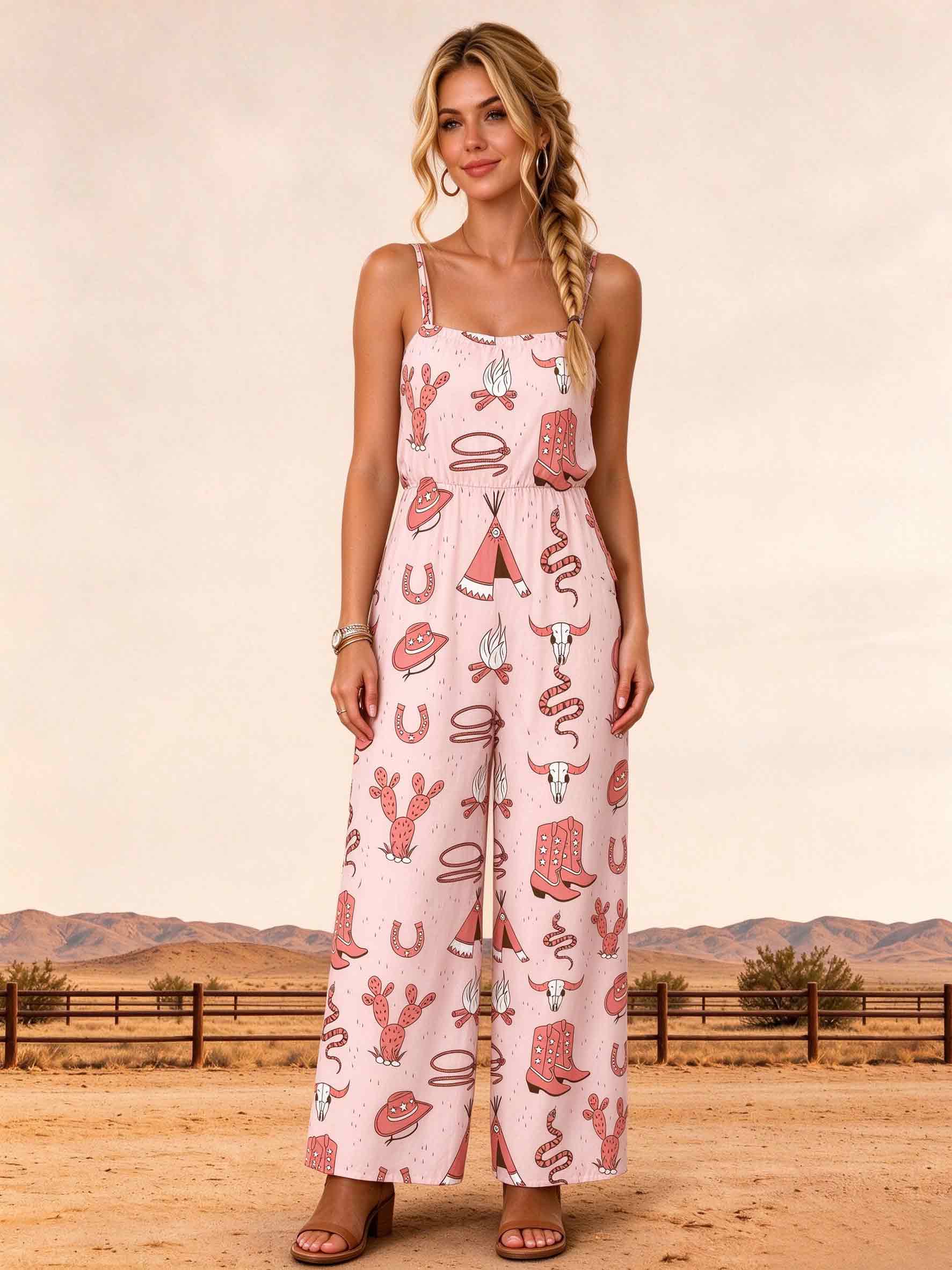 Pink Cowgirl Boot Graphic Jumpsuits with Pockets