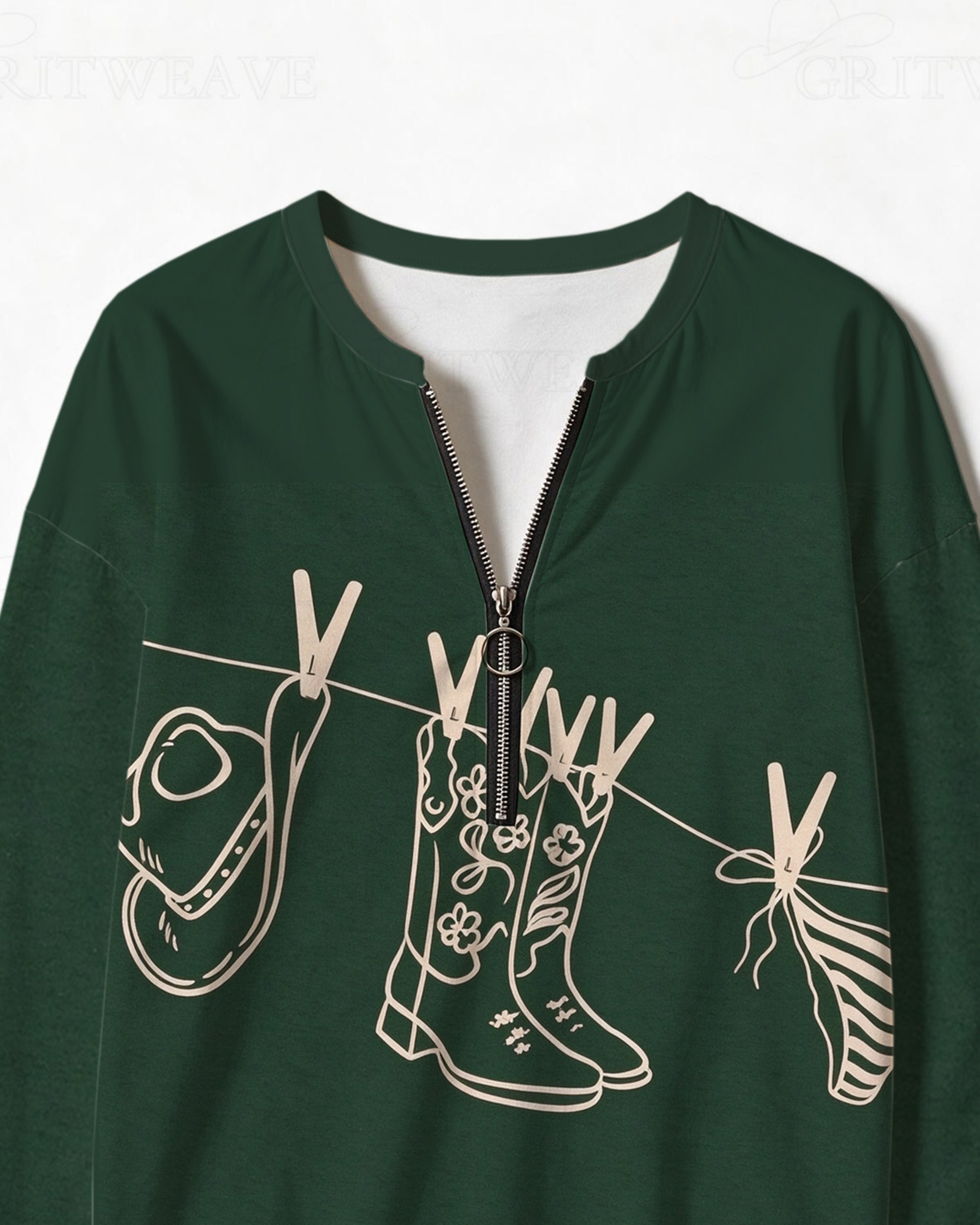 Minimal Line Art Cowboy Boot Half Zip Sweatshirt, Western Clothesline Graphic Long Sleeve Top