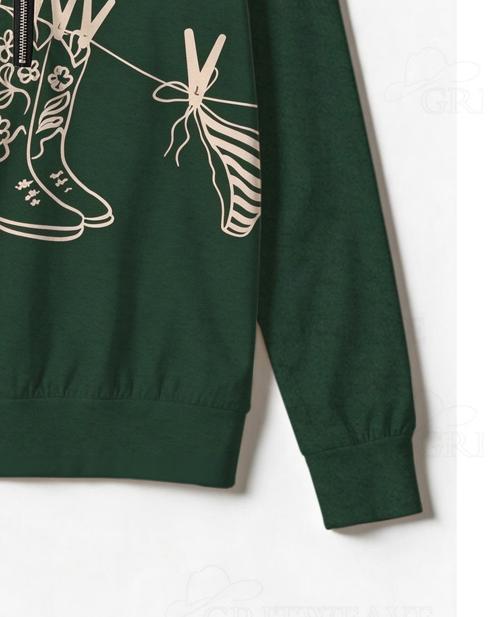 Minimal Line Art Cowboy Boot Half Zip Sweatshirt, Western Clothesline Graphic Long Sleeve Top