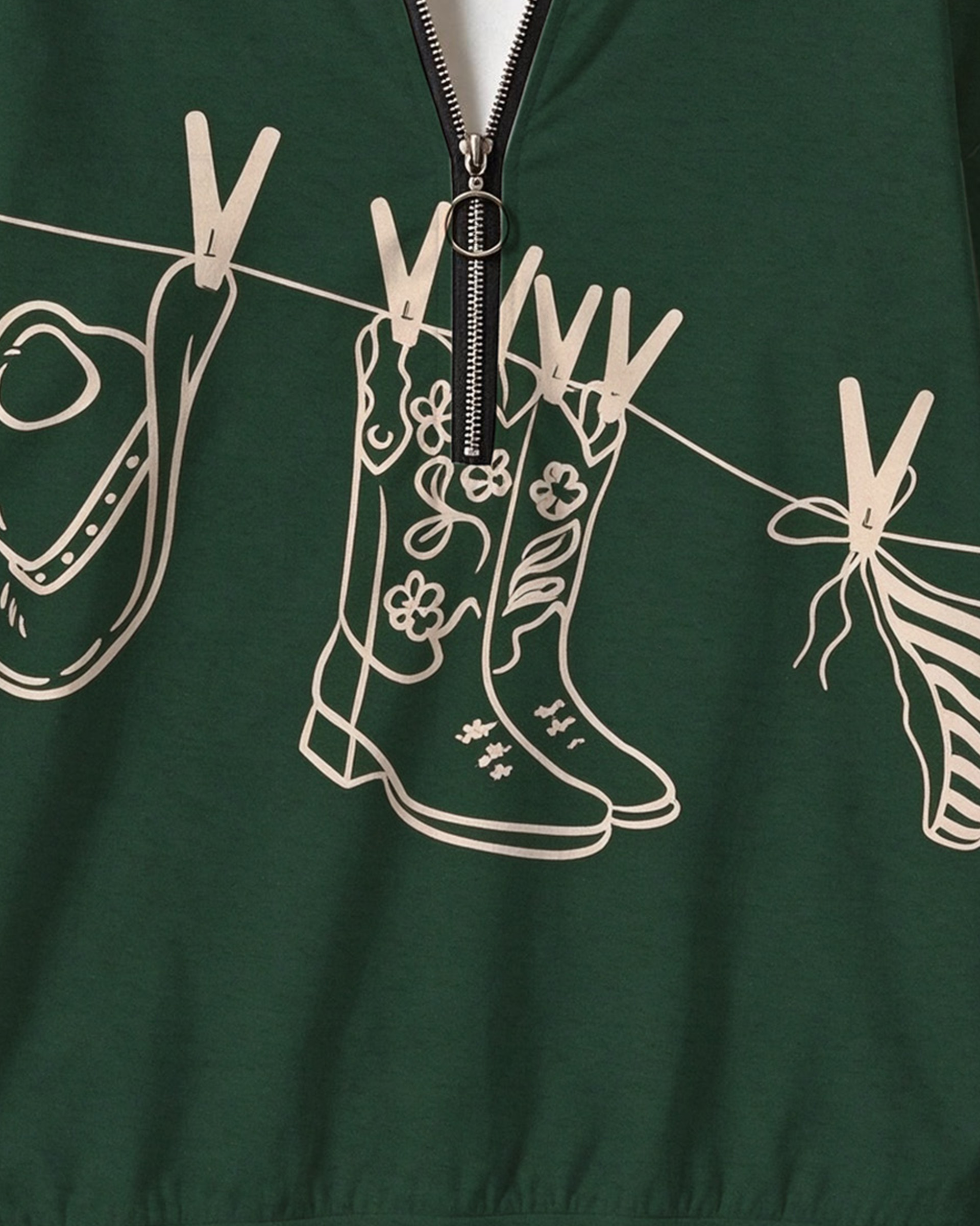 Minimal Line Art Cowboy Boot Half Zip Sweatshirt, Western Clothesline Graphic Long Sleeve Top
