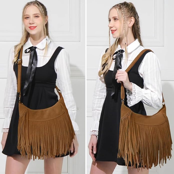 Western Fringe Faux Suede Hobo Bag