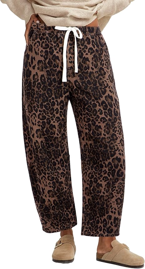 Vintage Leopard Print Elastic High Waist Drawstring Loose Fit Cropped Trousers For Women