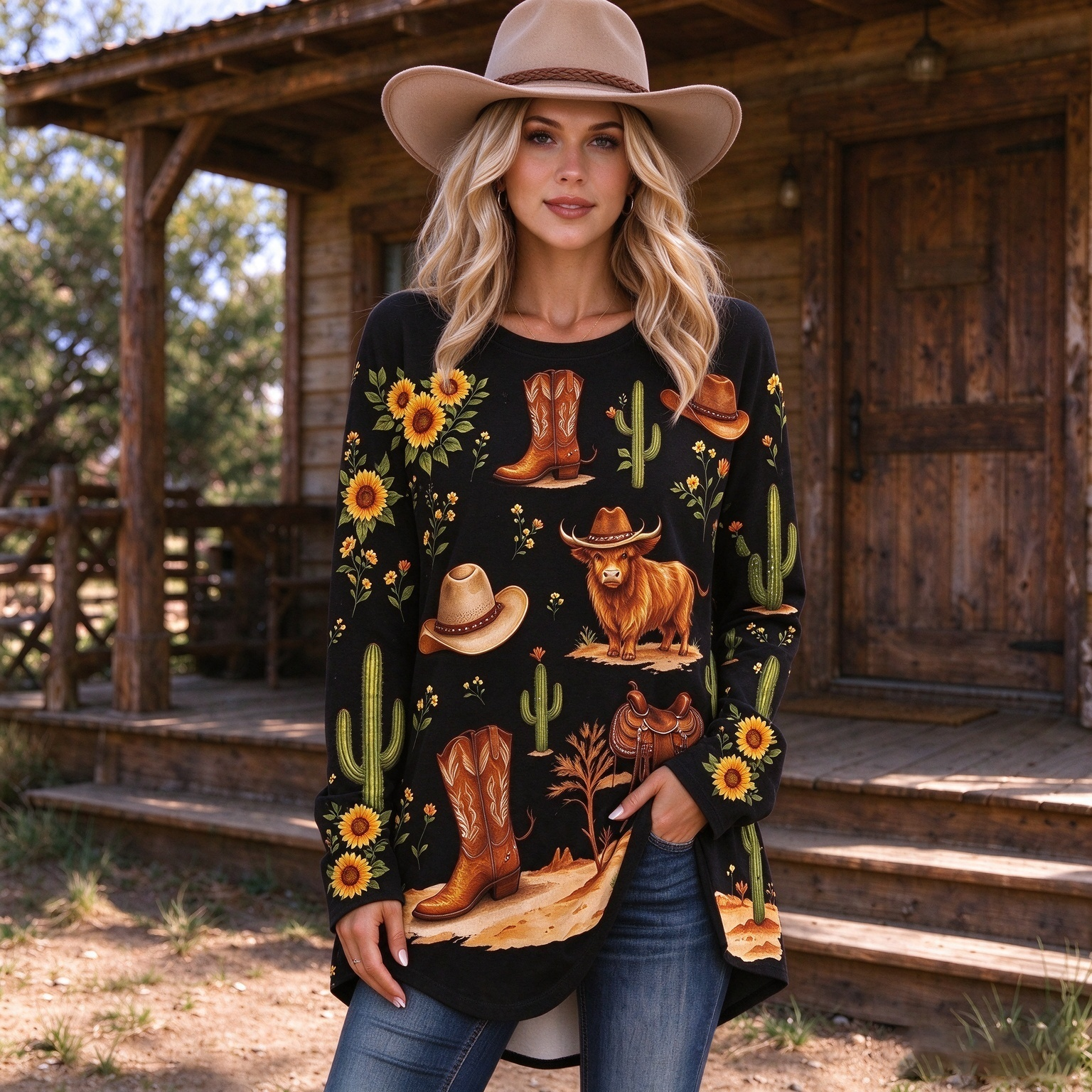 Western Sunflower Black Long Sleeve Crew Top