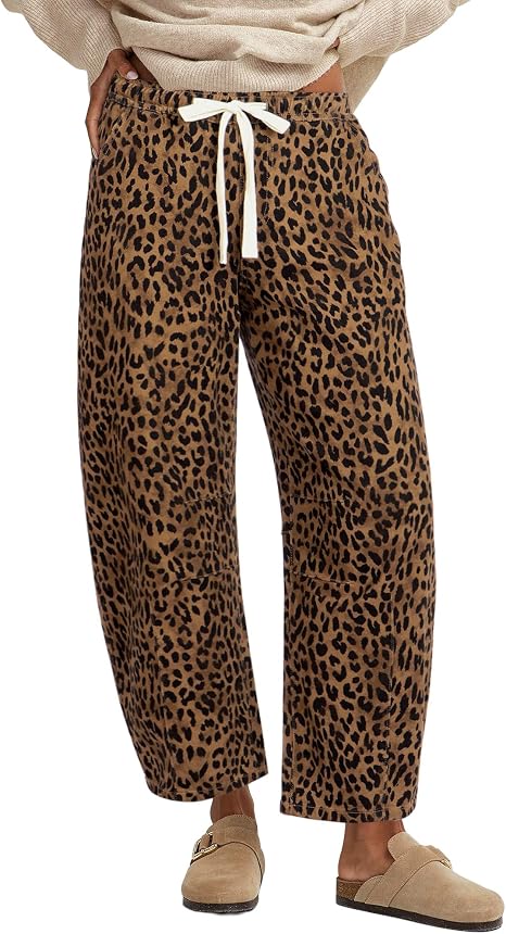 Vintage Leopard Print Elastic High Waist Drawstring Loose Fit Cropped Trousers For Women