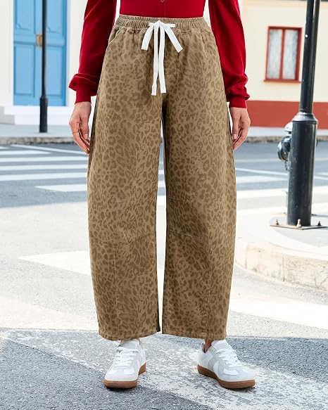 Vintage Leopard Print Elastic High Waist Drawstring Loose Fit Cropped Trousers For Women