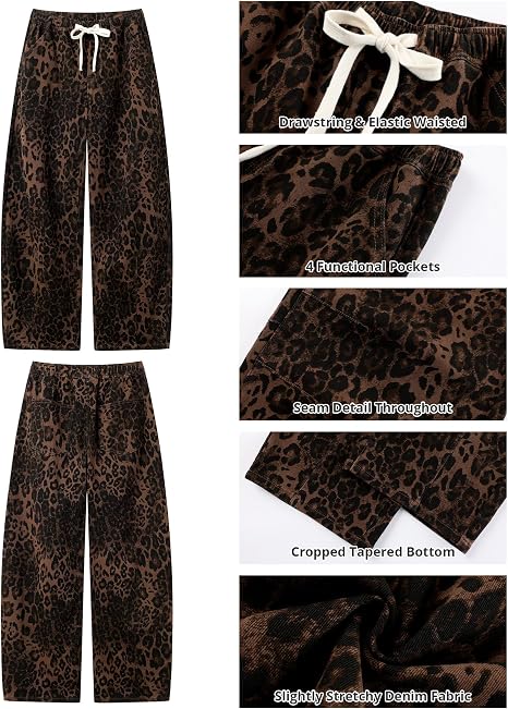 Vintage Leopard Print Elastic High Waist Drawstring Loose Fit Cropped Trousers For Women