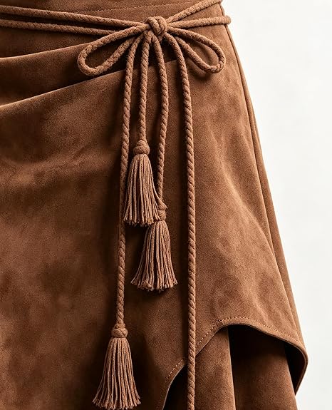 Western Boho Wrap Asymmetrical Midi Skirt for Women, Tie Waist Tassel Accent Skirt