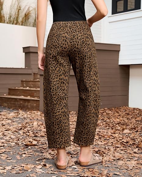 Vintage Leopard Print Elastic High Waist Drawstring Loose Fit Cropped Trousers For Women