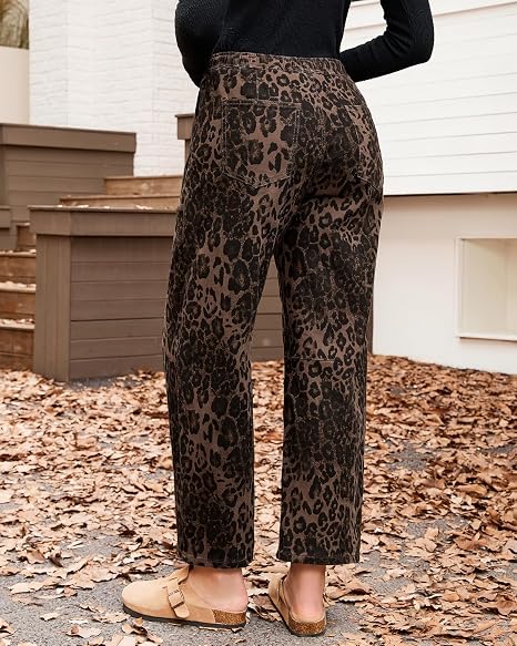 Vintage Leopard Print Elastic High Waist Drawstring Loose Fit Cropped Trousers For Women