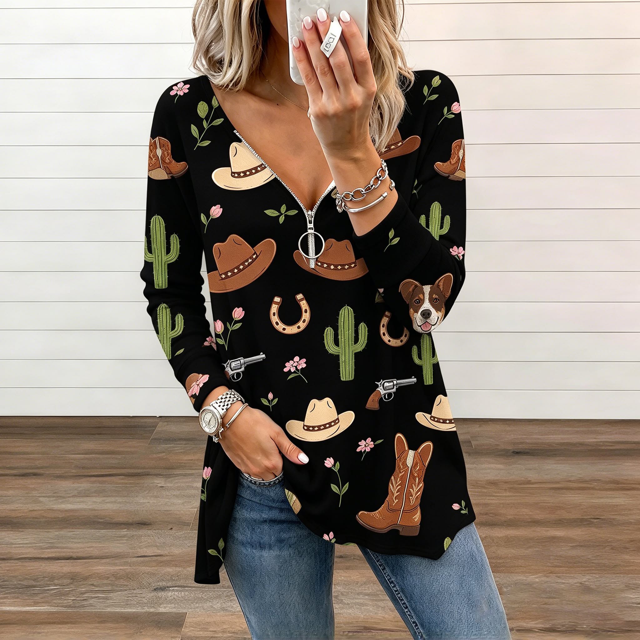 Desert Bloom Cowgirl Print Zip-up Top