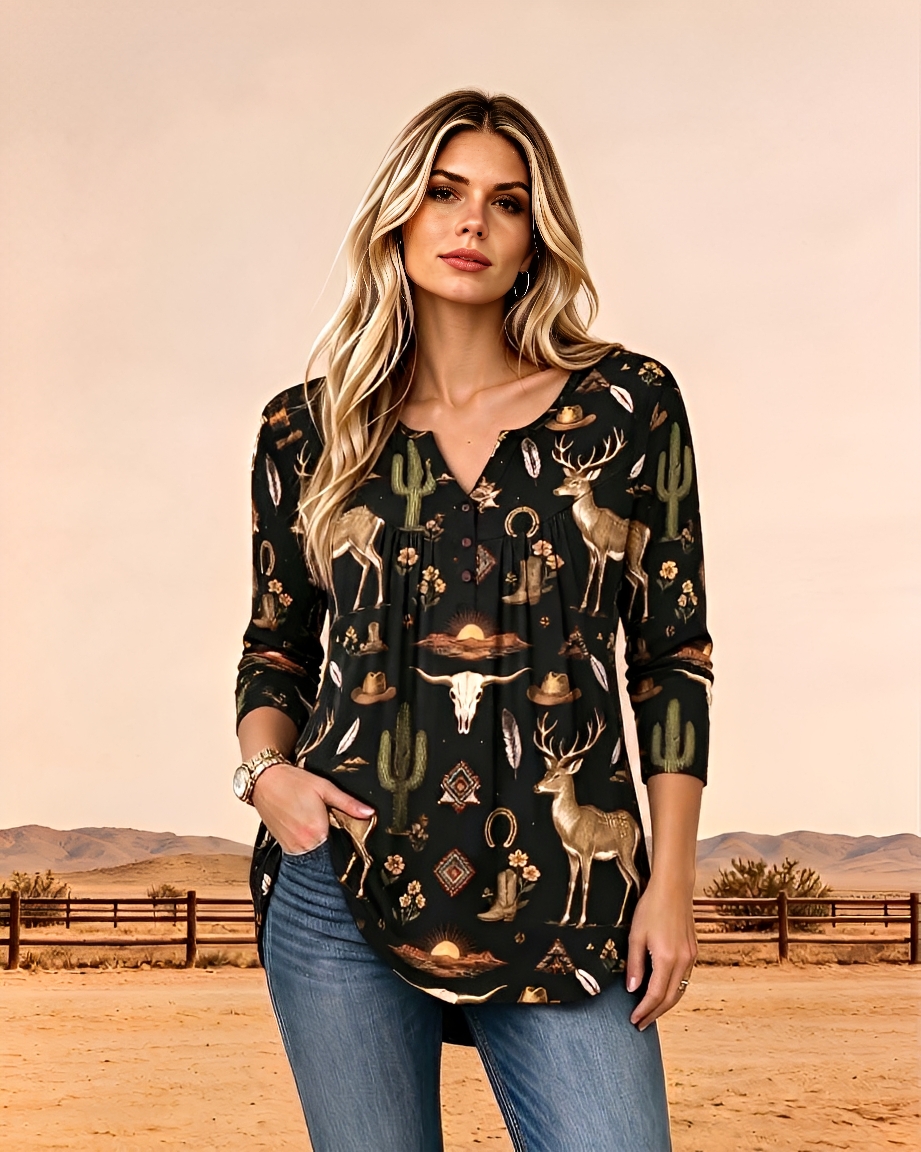 Vintage Western Tunic Top with Cactus Deer & Longhorn Skull Print
